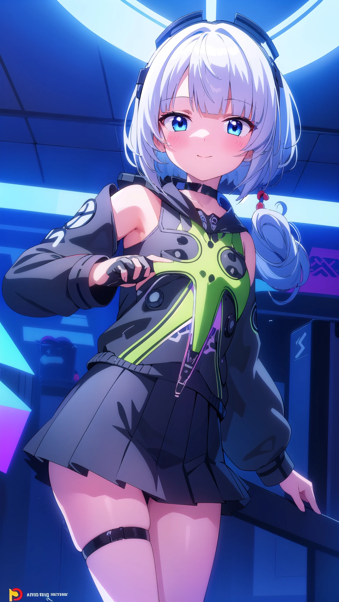 solo girl  rgb ray tracing gaming room les neon gaming pc gaming ray tracing vtuber nekomimi white hair blue eyes school uniform navy 1 girl, High resolution, long hair, blush, smile, perfect body anatomy perfect perfect hands gran calidad de detalle 