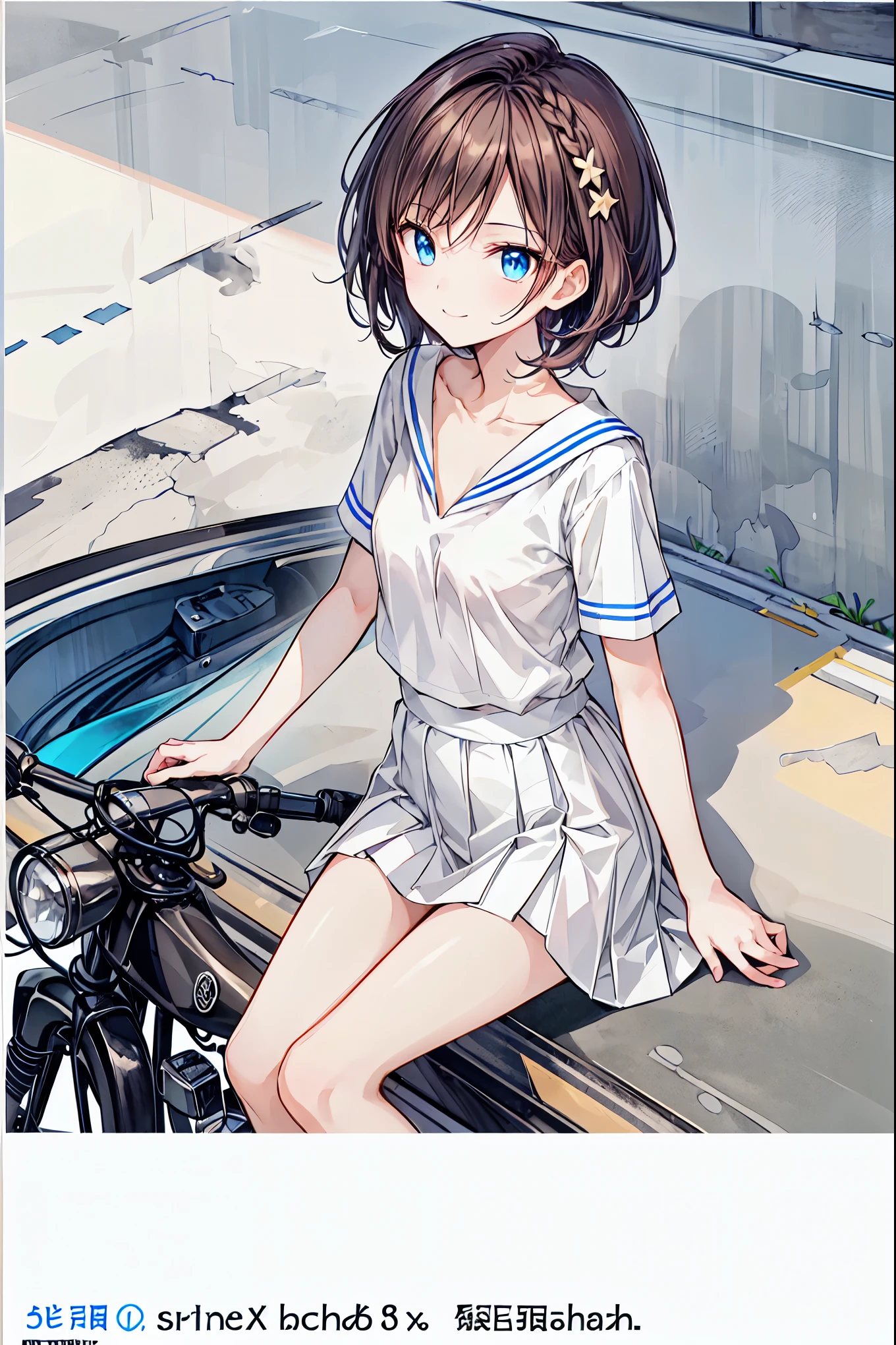 (((masterpiece, best quality, ultra highres, 1 girl, solo, white background))), super detailed skin and face and eyes and finger, cute japanese woman, small breasts, skinny, light brown hair, very short pixie hair, knee shot, white background, 2D anime, boyish, expressionless, cartoon,  Various poses, Please draw the entire character within the frame, ensuring that the head, arms and legs are not cut off, with the character positioned centrally, expressionless, nipples, female genitals visible through tight clothing, Sheer clothes, natural shadows, focus on face, brown and detailed eyes, parted lips,Shiny skin, thick thighs, white panties, serrap, pleated skirt, loafers, black socks, crouching,anatomically correct, spread legs, 