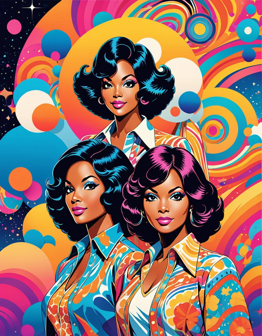 Top quality, full body of three women, various poses, mirror ball, woman with long hair and flower-like background, retro psychedelic illustration, beautiful retro art, psychedelic illustration, psychedelic and glittering, 70s vintage art, 70's psychedelic style, whimsical and psychedelic