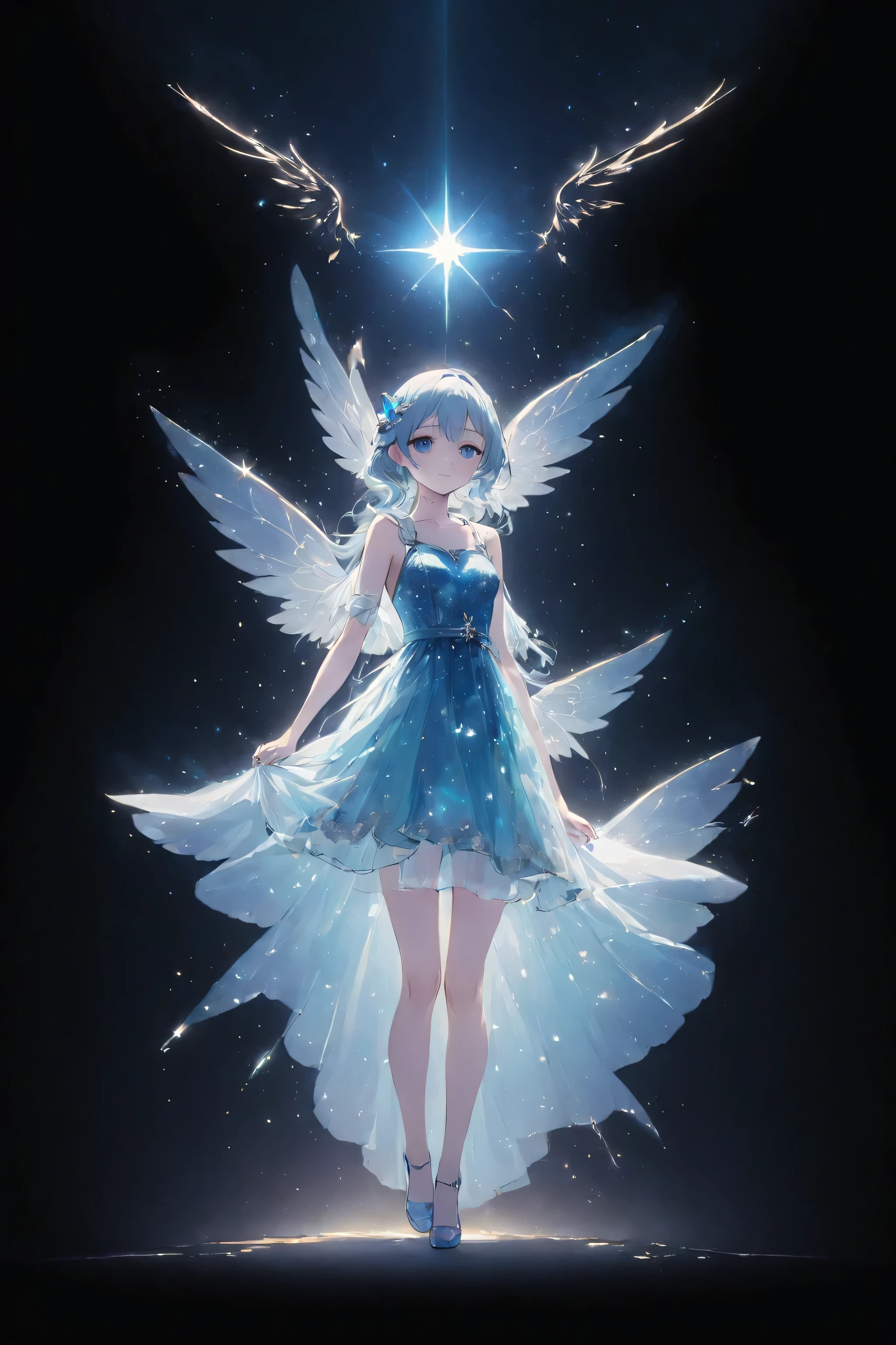 anime girl with a blue dress and wings standing in front of a black background, astral fairy, trending on artstation pixiv, digital art on pixiv, anime art wallpaper 8 k, ethereal essence, anime art wallpaper 4k, anime art wallpaper 4 k, guweiz on pixiv artstation, high detailed official artwork