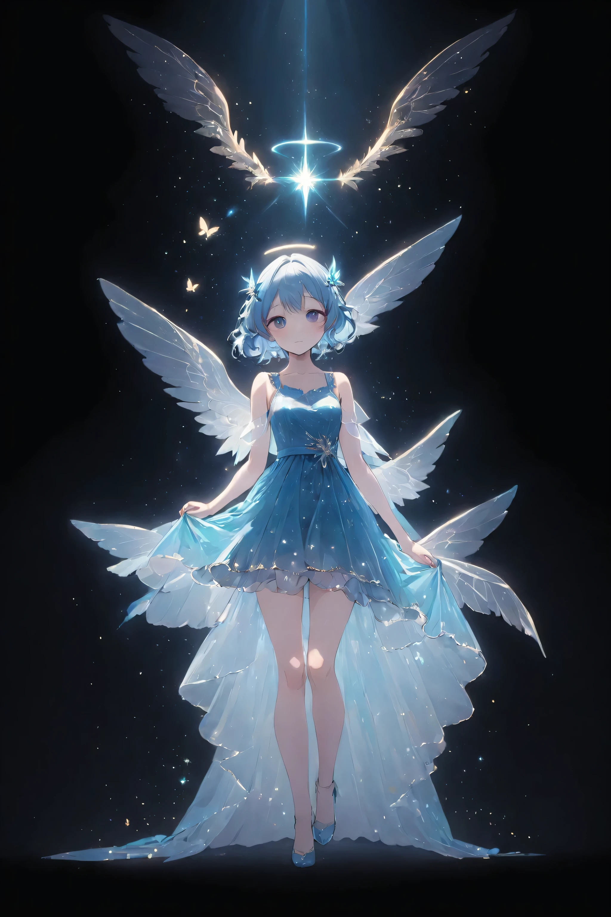 anime girl with a blue dress and wings standing in front of a black background, astral fairy, trending on artstation pixiv, digital art on pixiv, anime art wallpaper 8 k, ethereal essence, anime art wallpaper 4k, anime art wallpaper 4 k, guweiz on pixiv artstation, high detailed official artwork