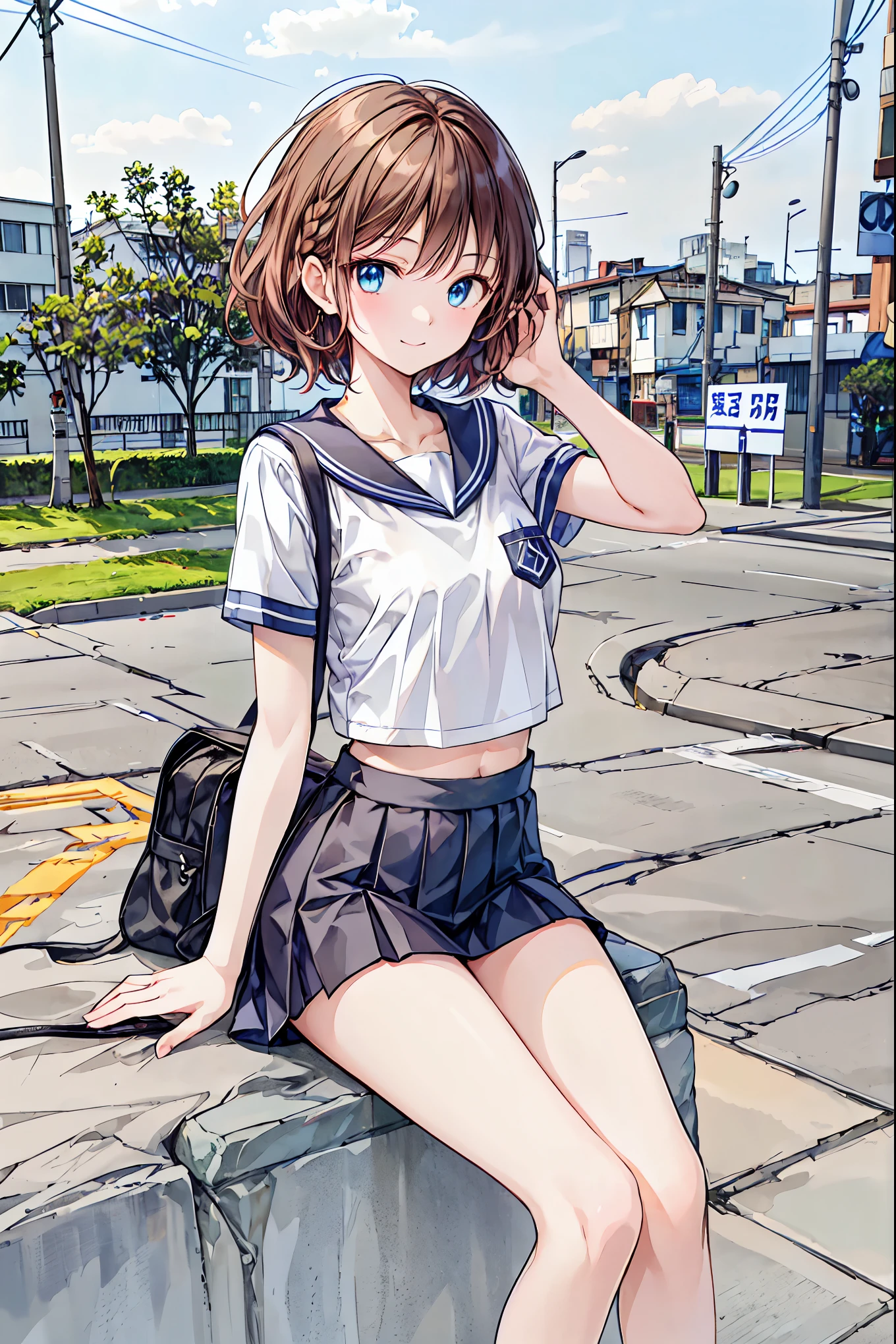 （ cute girl :1.3）、 smile,Summer atmosphere、Plain T-shirt、(3)，blue sky，Small breasts，Flat Chest，((Please redeem)), (Very detailed), (High-definition CG synthesis 8K wallpaper), 高いly detailed,  High resolution raw color photos, Professional photography,  Written boundary depth,Brown Hair，Shortcuts，Messy Hair，Short braided hair，Neat，Slender beauty，Dignified posture，Small breasts，Beautiful legs，Her mesmerizing grey-blue eyes shine like stars，Vibrant colors,Beautiful Eyes,繊細なsmile,Textured Skin,The best品質、The best,Gentle and beautiful woman,Anime Style､