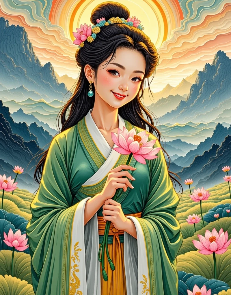  gradual halo of light ，Distorted comics ，van gogh，The art of paper，Color ink style，and mumford， one，Wearing green clothes，An ancient girl holding a lotus flower ，Smiling at the camera，Long flowing hair，Warm atmosphere，Vision，Full body shot，Natural Light，Hanfu details，Classical beauty，Delicate expression，Peaceful environment，Extreme details，Ultra wide angle，Extreme panorama