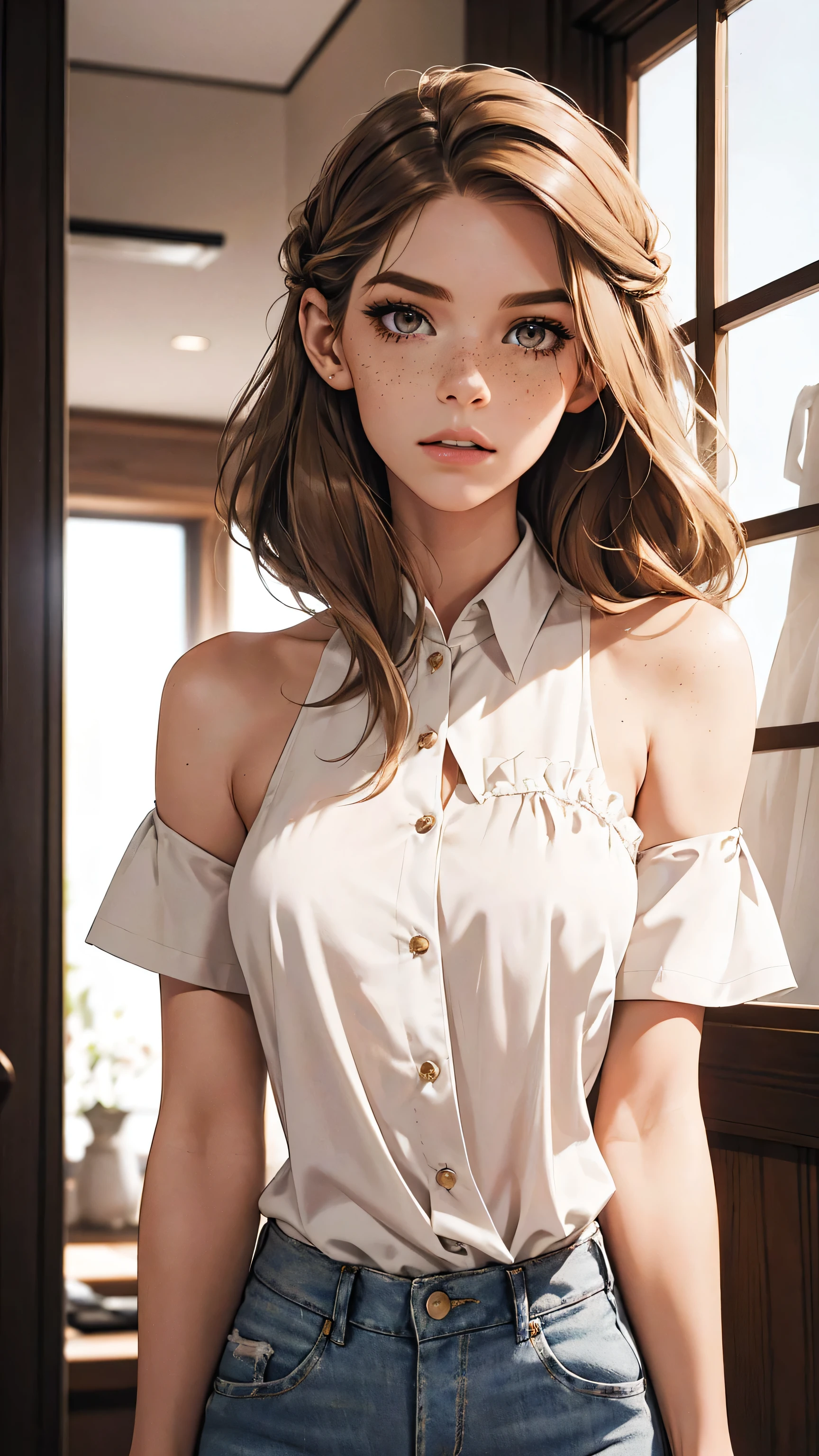 （lifelike， high - resolution：1.3）， 1 girl with a perfect body，slender body, Suprenme face and eyes， blaire ivory, lena anderson, dark eyelashes, shoulder length  hair, freckles, golden brown  hair with dark roots, revealing white dress, white shirt, jeans, western, aloon, old west, revolver , hazel eyes