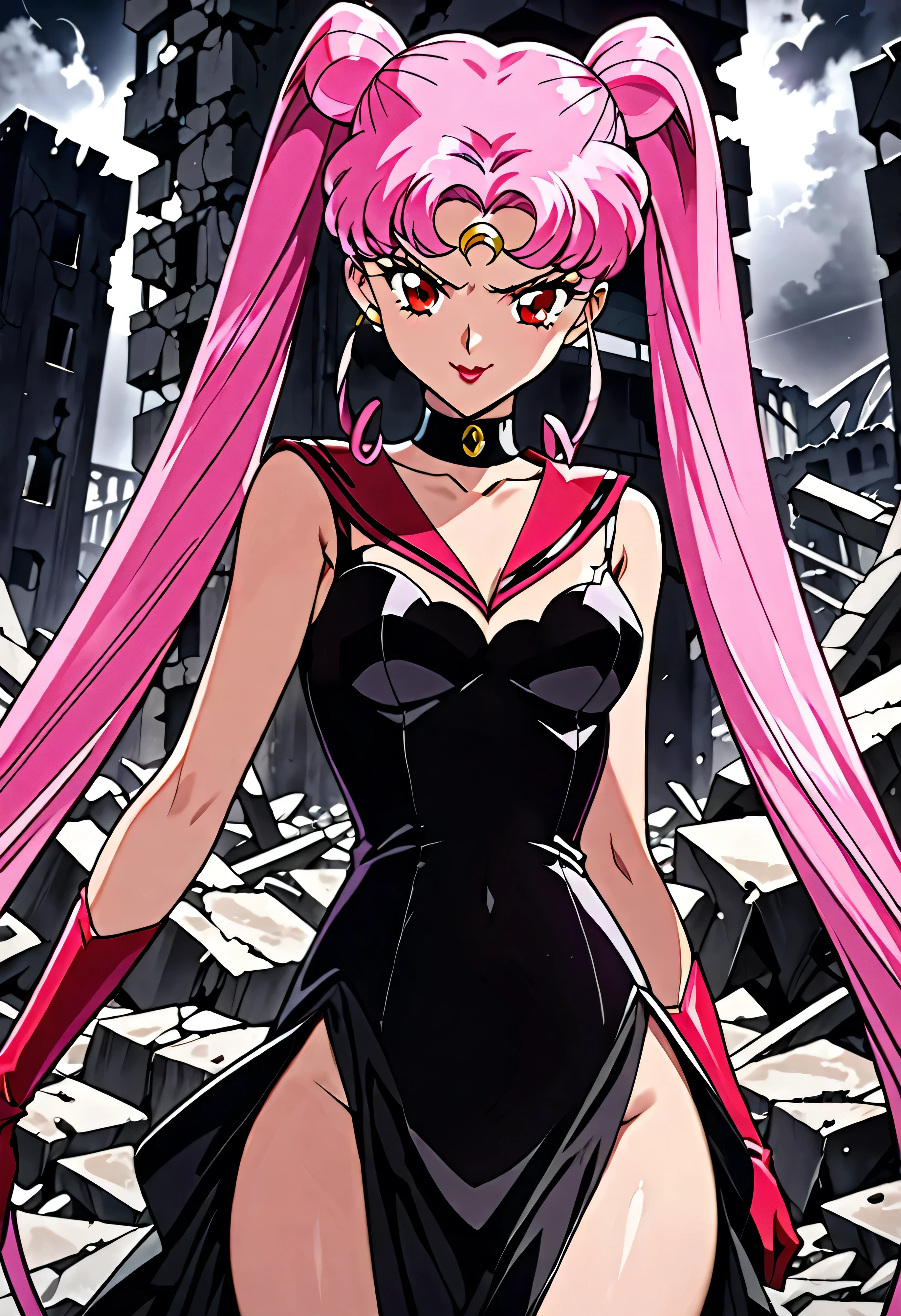 Wicked Lady from Sailor Moon, Pink Hair, Red eyes, , Black crescent moon mark on forehead, naughty face,beautiful body,shaded face(eyes in  shadow),((masterpiece,best quality)), absurd,black dress,upper body,beautiful face,,looking down at viewer,twintail,,Sadistic ridicule,look down,looking down at viewer,evil darkness ,ruins、rubble,in heat,