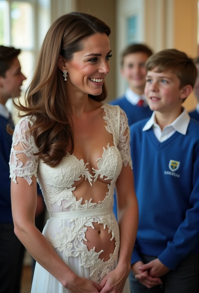 Kate Middleton meeting young boys at school. Kate wearing dress torn up with large gaping holes exposing bare skin. many Young boys touching Kate’s pussy, breasts and ass. Front and rear views