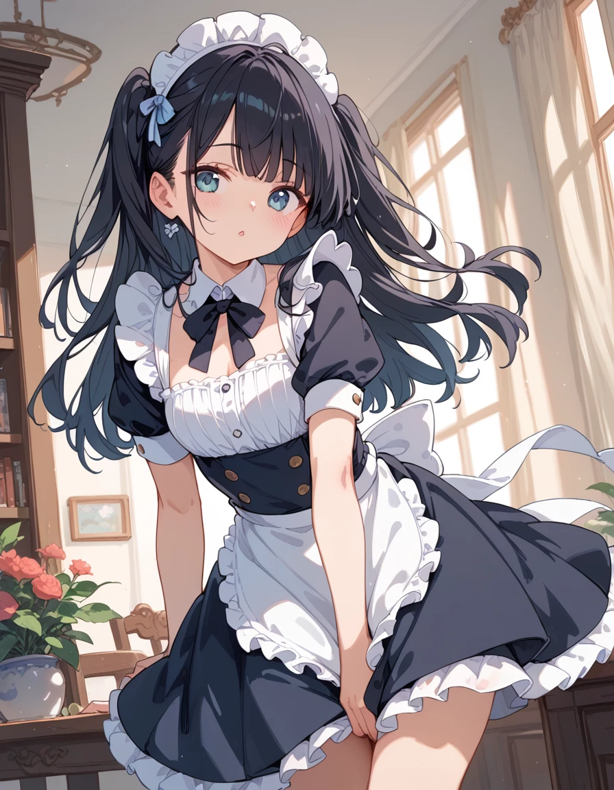 Long Black Hair, wearing a maid outfit, Kneel, Legs and five fingers, More body, Cute 2D, Background Backlight HD  