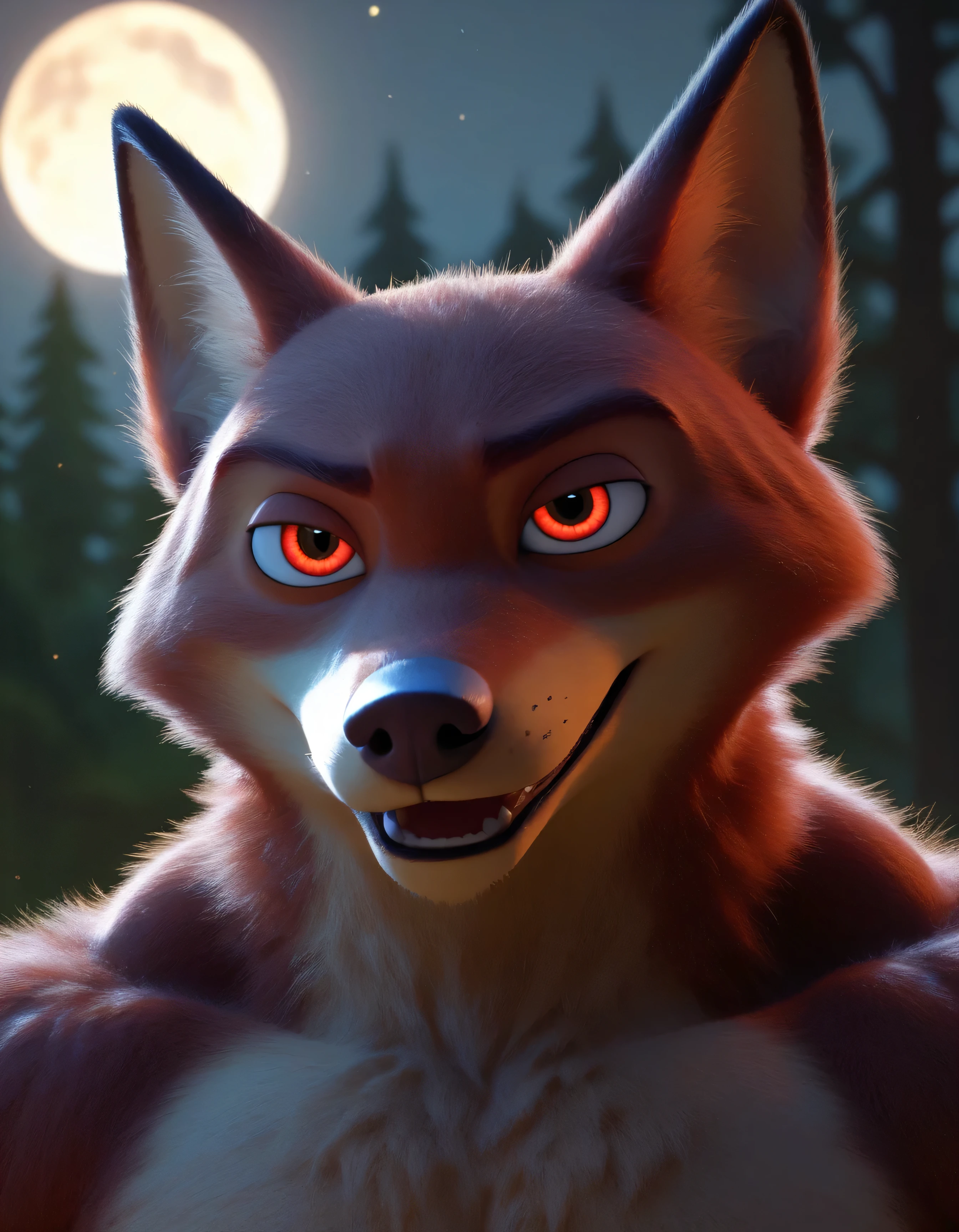 nick wilde, werewolf, Red eyes, Full moon, bodybuilder, anthro, And dark fur, 3D