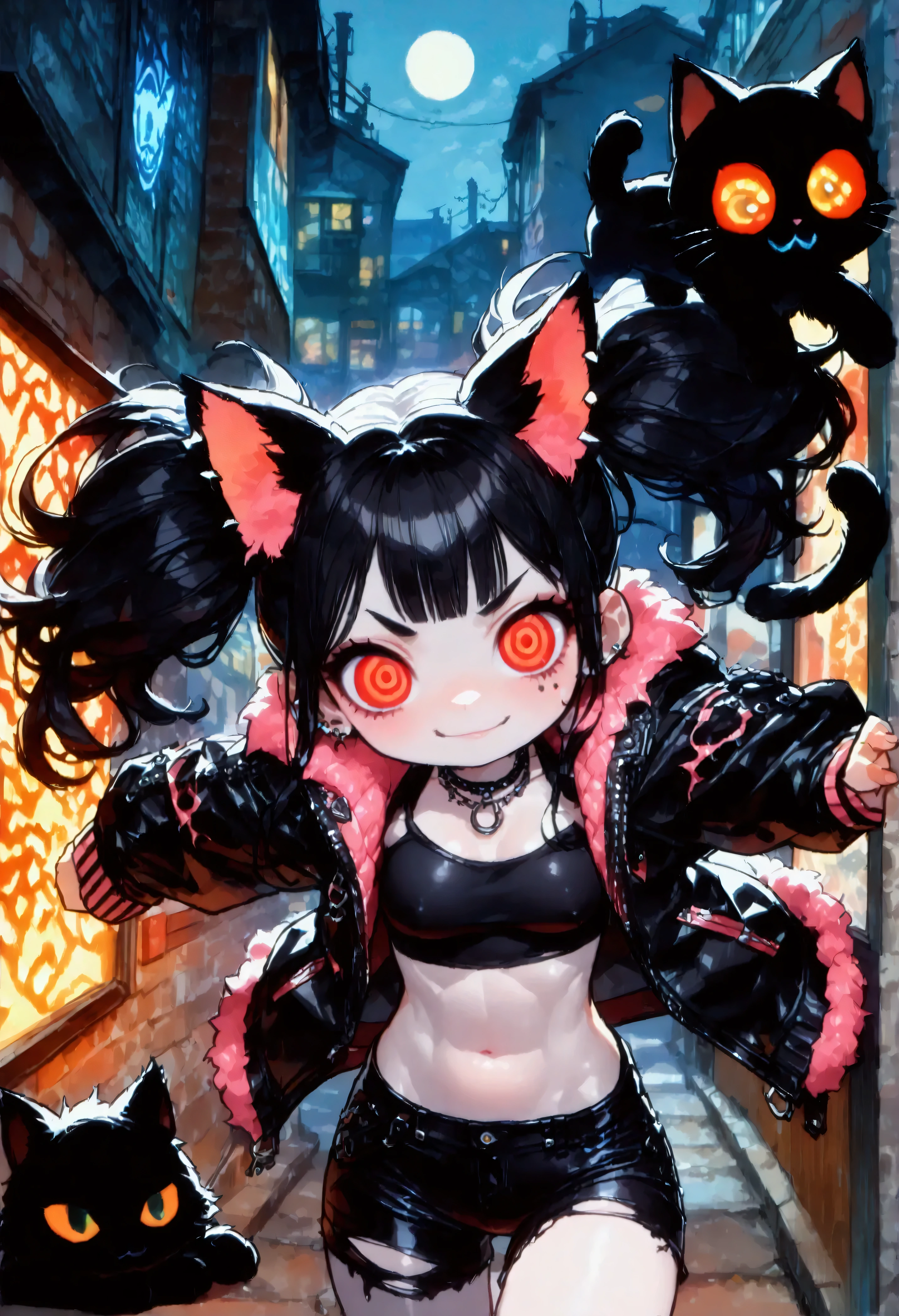 solo,1girl\(cute, kawaii, age of 12,(evil smile:1.2),(black hair:1),(long hair),(twin tails hair),pale skin, skin color blue, red eyes, eyes shining, (big eyes),(breast:1.4),(punk fashion:1.6),(ripped clothes:1.5),(tight tube top),(tight hot pants),(stomach shown:0.8),(abs:0.8),(ripped black short jacket:1.4),(fluffy black cat-ear:1.4),(dynamic pose:1.4), (spiral eye:1.4)\)),(bang:1.2)\), BREAK ,background\(outside, noisy city, backstreet, narrow street, neon lights, at night\), BREAK ,quality\(8k,wallpaper of extremely detailed CG unit, high resolution, top-quality, top-quality real texture skin, hyper realistic, increase the resolution, RAW photos, best quality, highly detailed, the wallpaper,golden ratio,high saturation realism, vibrant colors, dramatic lighting, persuasive storytelling, atmospheric scenery, captivating visuals, intricate details, strong emotions,dreamlike world\),(close up:1.0),(dynamic angle:1.2)