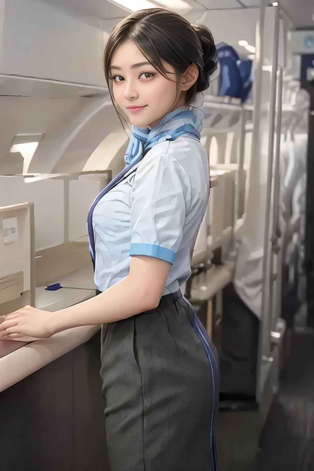 (masterpiece:1.2, Best Quality:1.2), 32K HDR, High resolution, (Alone、1 girl)、(on board、 Professional Lighting)、In-flight background、(ANA flight attendant uniform blueを着たリアルスタイル)、((ANA flight attendant uniform blue short sleeve blouse 、 ANA flight attendant uniform blue skirt with blue line on the back、Scarf around the neck))、Dark brown hair、(Long Hair、Hair tied up、Hair tied up)、Dark brown hair、Long Shot、Big Breasts、Thin legs、((Great hands:2.0)),((Harmonious body proportions:1.5)),((Normal limbs:2.0)),((Normal finger:2.0)),((Delicate eyes:2.0)),((Normal eyes:2.0)))、smile、(ANA flight attendant uniform blueを見せた美しい後ろ姿)、Hands down
