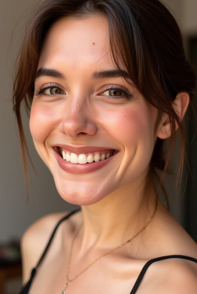 A professional photography taken by a Hasselblad camera, a beautiful woman with a vibrant smile, pores visible, Pores of the skin, a cute mole in the right side of the upper lip, she has freckles, close up portrait 