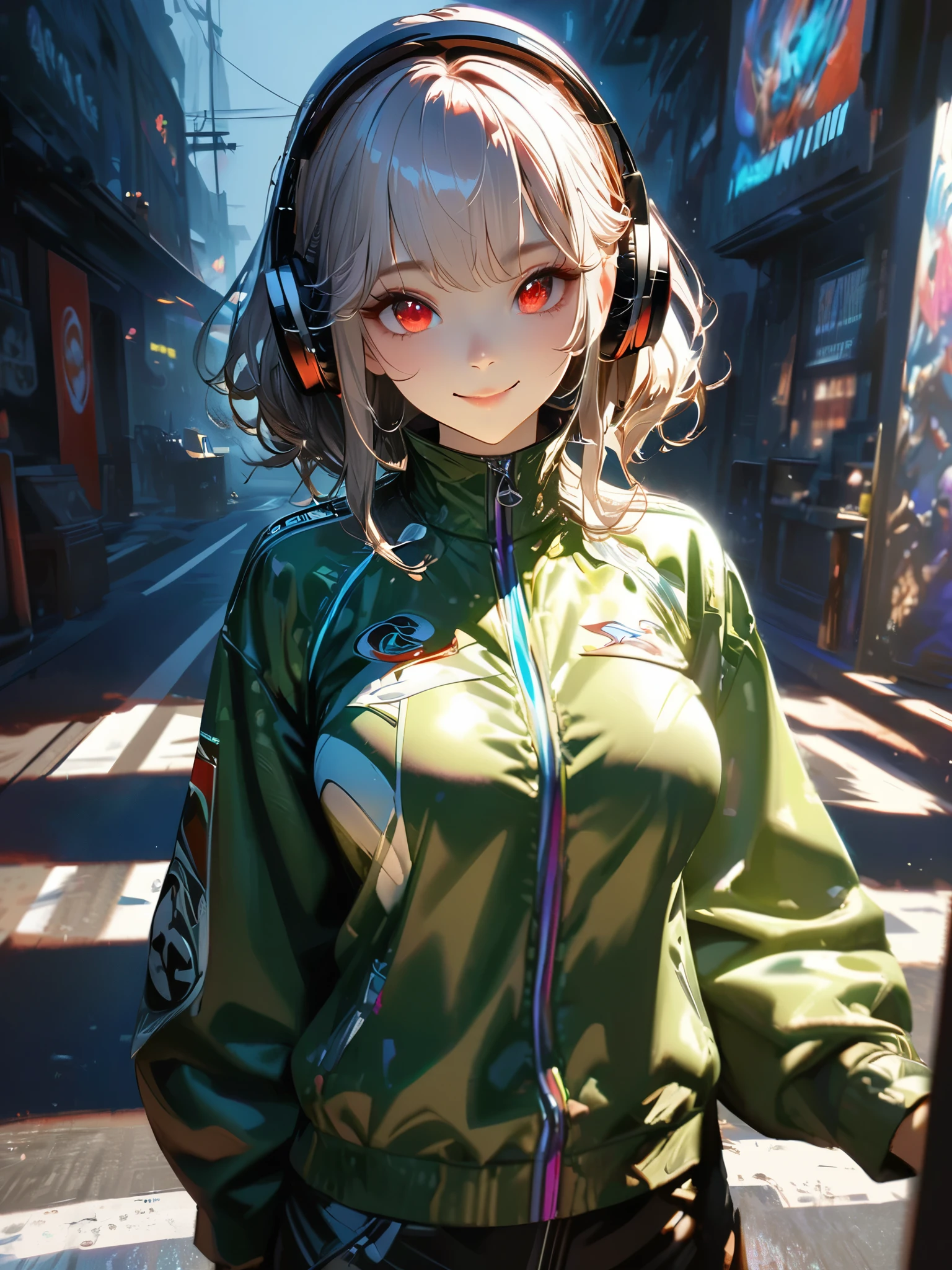 Anime girl with headphones on walking down a street - SeaArt AI