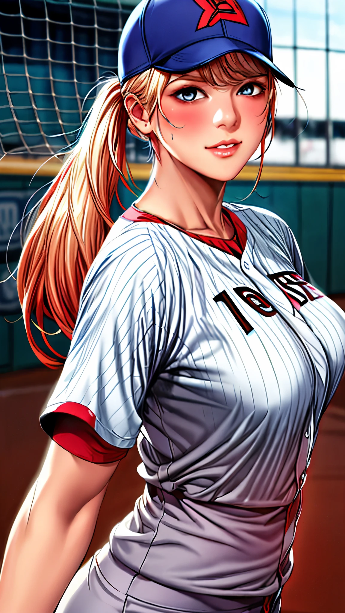 tmasterpiece， highly  detailed， best qualtiy， Ultra-high resolution， 1girll， solo，（Hinata flower proportions：1），Long hair hanging low, Hair Band, Hana's purple eyes, pony tails, Beautiful, Beautiful woman, Perfect body, perfect breastm, Wearing a white baseball shirt, Wearing a baseball cap, On the baseball field, holding a Baseball Bat, view the viewer, Slight smile, Realism, Masterpiece, Textured skin, Super detail, High detail, High quality, Best quality, 1080P, 16k，Big，Be red in the face，Blushlush，perspire，Sweat profusely，There are a lot of water droplets on the face，