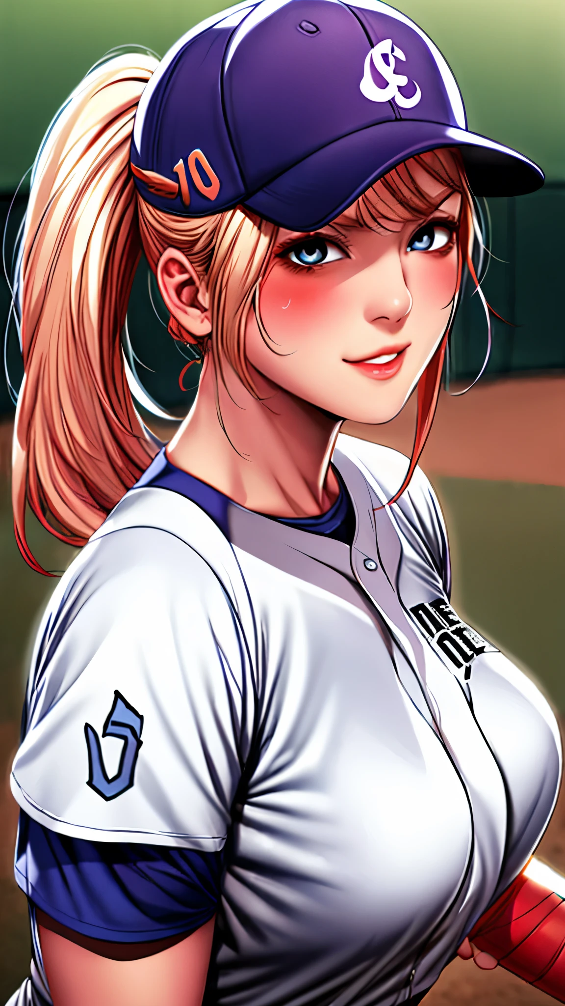 tmasterpiece， highly  detailed， best qualtiy， Ultra-high resolution， 1girll， solo，（Hinata flower proportions：1），Long hair hanging low, Hair Band, Hana's purple eyes, pony tails, Beautiful, Beautiful woman, Perfect body, perfect breastm, Wearing a white baseball shirt, Wearing a baseball cap, On the baseball field, holding a Baseball Bat, view the viewer, Slight smile, Realism, Masterpiece, Textured skin, Super detail, High detail, High quality, Best quality, 1080P, 16k，Big，Be red in the face，Blushlush，perspire，Sweat profusely，There are a lot of water droplets on the face，