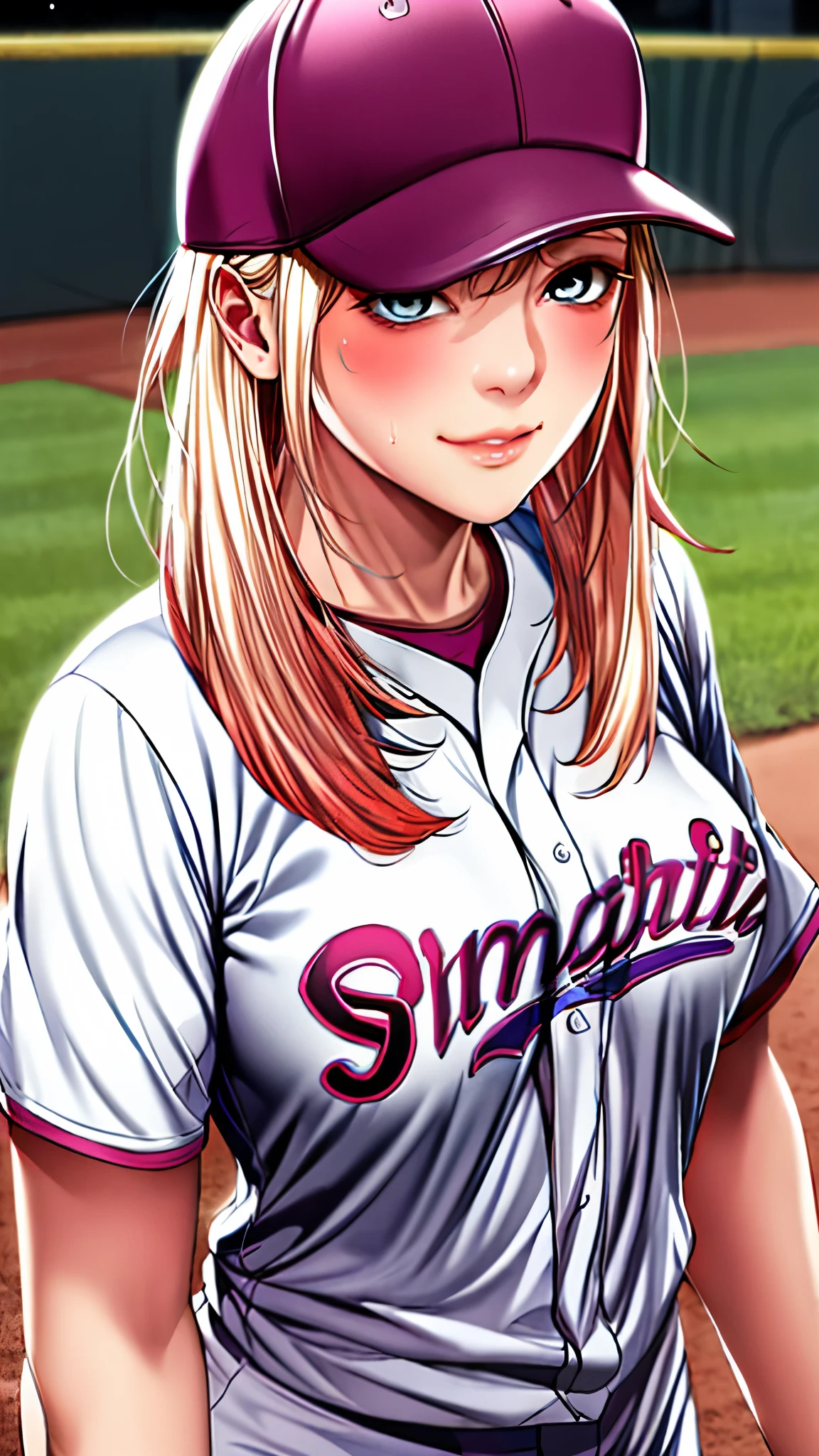 tmasterpiece， highly  detailed， best qualtiy， Ultra-high resolution， 1girll， solo，（Hinata flower proportions：1），Long hair hanging low, Hair Band, Hana's purple eyes, pony tails, Beautiful, Beautiful woman, Perfect body, perfect breastm, Wearing a white baseball shirt, Wearing a baseball cap, On the baseball field, holding a Baseball Bat, view the viewer, Slight smile, Realism, Masterpiece, Textured skin, Super detail, High detail, High quality, Best quality, 1080P, 16k，Big，Be red in the face，Blushlush，perspire，Sweat profusely，There are a lot of water droplets on the face，