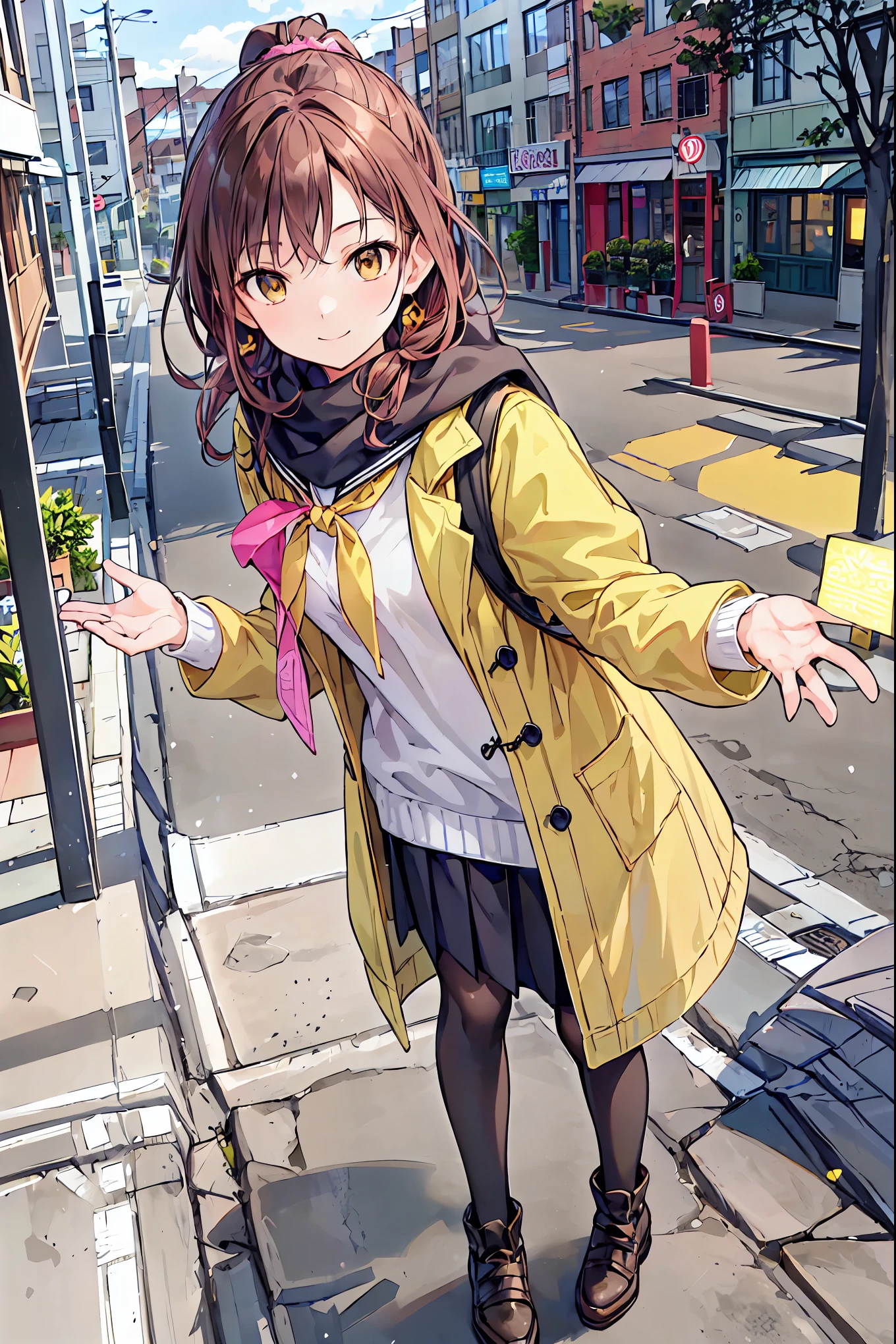 Irohaisshiki, Iroha Isshiki, Long Hair, Short braided hair, ponytail,Brown Hair, (Brown eyes:1.5), smile,yellow scarf,Pink long coat,white sweater,Long black skirt,Black pantyhose,Short boots,morning日,morning,Campus Life,On the way to school in winter,Cold Sky,that&#39;that&#39;It&#39;s snowing,
break outdoors, Around town,ビル街
break looking at viewer,
break (masterpiece:1.2), Best Quality, High resolution, Unity 8K Wallpaper, (shape:0.8), (Beautiful beautiful eyes:1.6), Highly detailed face,  perfect lighting ,  very detailed CG , (Perfect hands, Perfect Anatomy),