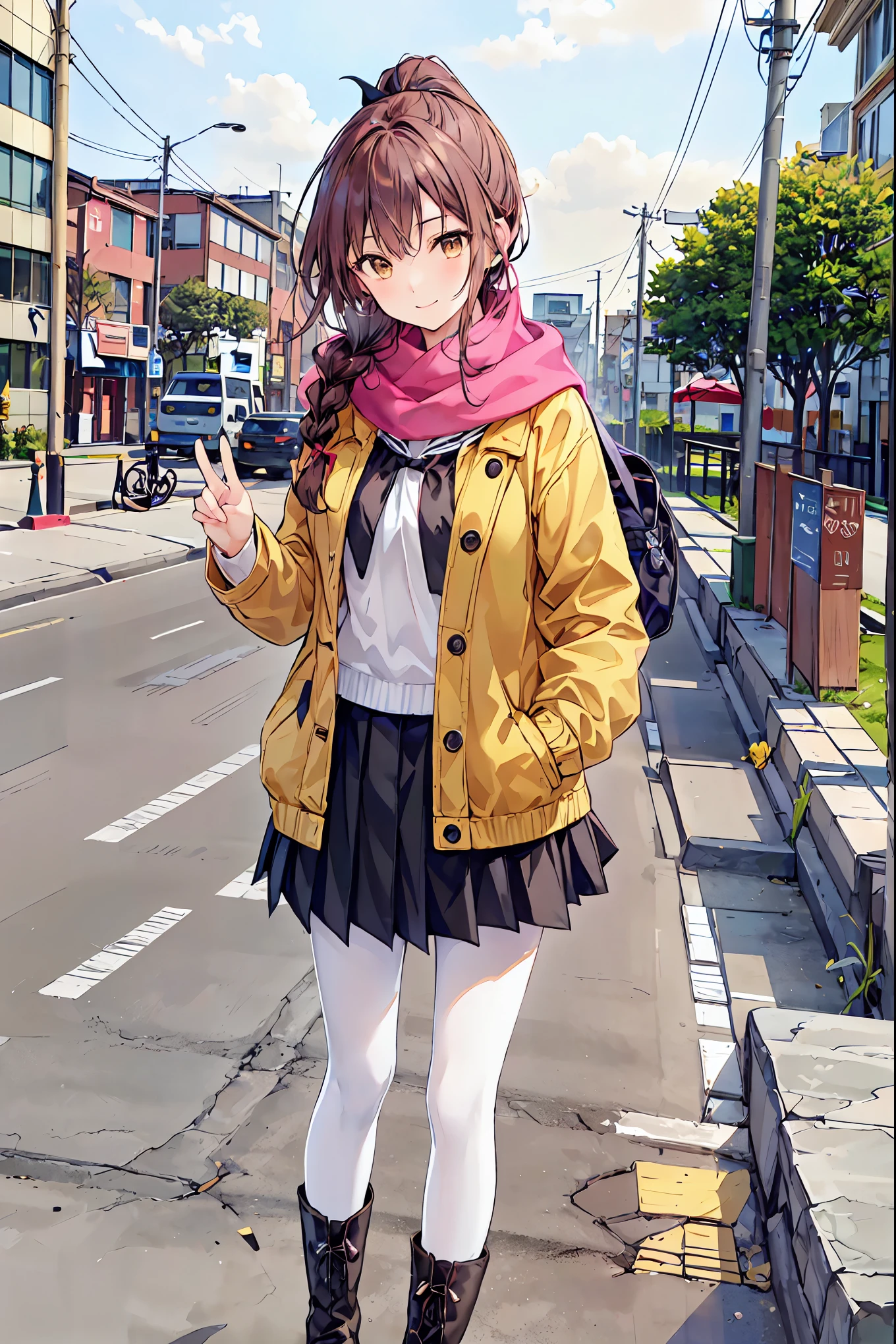 Irohaisshiki, Iroha Isshiki, Long Hair, Short braided hair, ponytail,Brown Hair, (Brown eyes:1.5), smile,yellow scarf,Pink long coat,white sweater,Long black skirt,Black pantyhose,Short boots,morning日,morning,Campus Life,On the way to school in winter,Cold Sky,that&#39;that&#39;It&#39;s snowing,
break outdoors, Around town,ビル街
break looking at viewer,
break (masterpiece:1.2), Best Quality, High resolution, Unity 8K Wallpaper, (shape:0.8), (Beautiful beautiful eyes:1.6), Highly detailed face,  perfect lighting ,  very detailed CG , (Perfect hands, Perfect Anatomy),