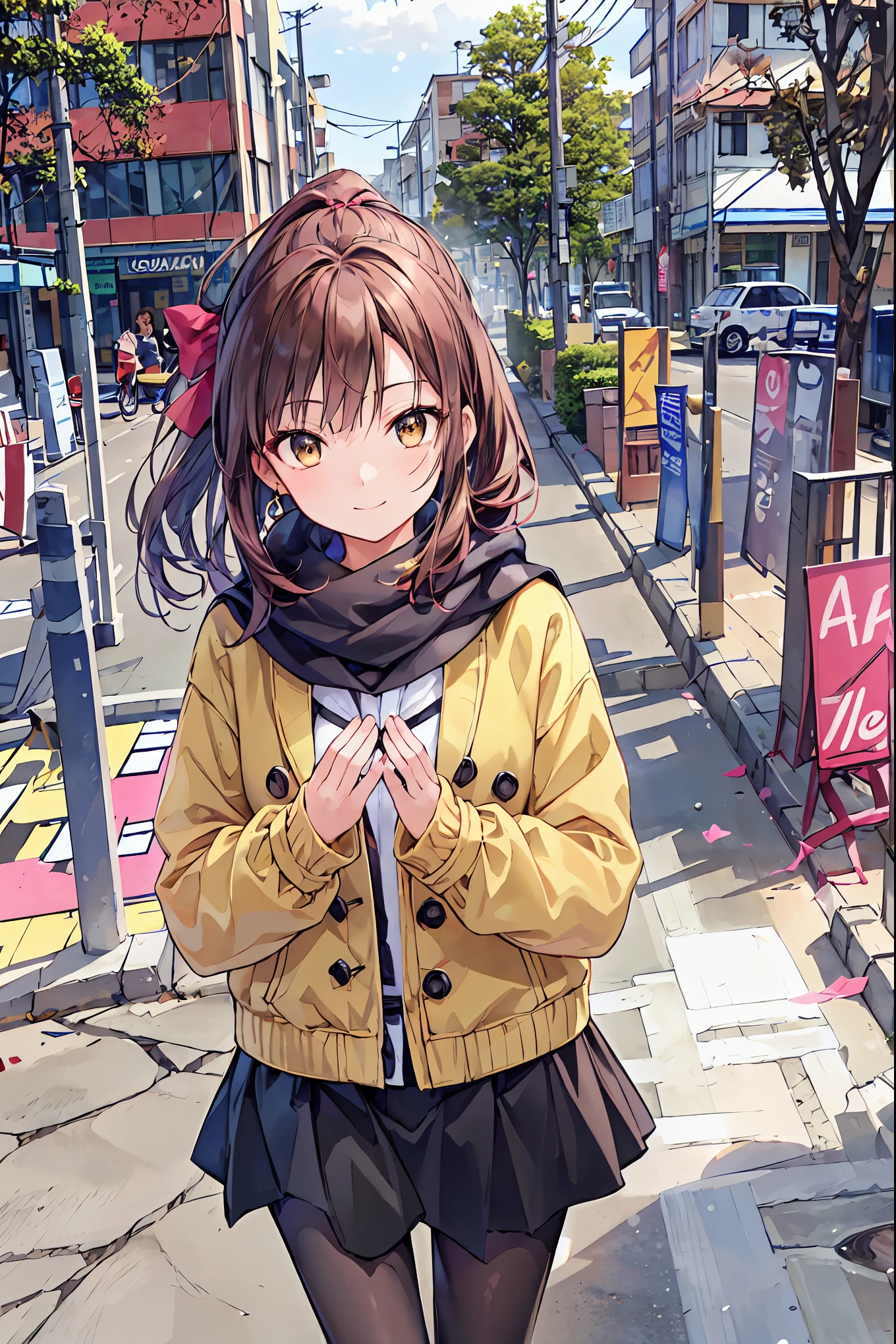 Irohaisshiki, Iroha Isshiki, Long Hair, Short braided hair, ponytail,Brown Hair, (Brown eyes:1.5), smile,yellow scarf,Pink long coat,white sweater,Long black skirt,Black pantyhose,Short boots,morning日,morning,Campus Life,On the way to school in winter,Cold Sky,that&#39;that&#39;It&#39;s snowing,
break outdoors, Around town,ビル街
break looking at viewer,
break (masterpiece:1.2), Best Quality, High resolution, Unity 8K Wallpaper, (shape:0.8), (Beautiful beautiful eyes:1.6), Highly detailed face,  perfect lighting ,  very detailed CG , (Perfect hands, Perfect Anatomy),