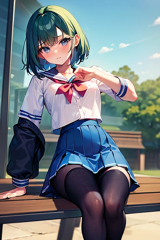 (masterpiece, Best Quality:1.2), One Girl,High school girl, Alone, toshinden_Ellis, sit,whole body,View from below,School Uniform, Black pantyhose,blue mini skirt, Red neckerchief,,shoes, Green Hair,  split bangs , short hair, blue eyes, Look at you, Embarrassed