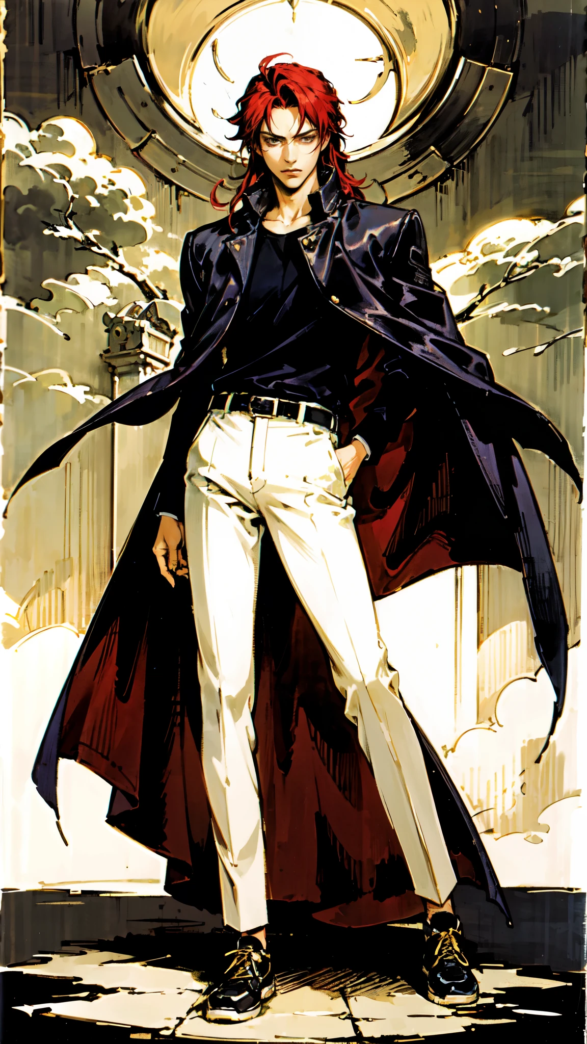(masterpiece:1.2, best quality:1.2, extremely delicate:1.2), ((male:1.5)), a young man with long red hair, delicate face, gentle eyes, peaceful expression, fantasy-realism style outfit, a red and black short cape, a blue and white leather jacket, a belt, white pants, sneakers, his hands in his pockets, he strolls by a lakeside under dark cloudy skies, this character embodies a finely crafted fantasy-realism style Wise in anime style, exquisite and mature manga art style, dramatic, high definition, highres, ultra-detailed, ultra-fine painting, professional, perfect body proportions, golden ratio, anatomically correct, symmetrical face, extremely detailed eyes and face, high quality eyes, creativity, RAW photo, UHD, 32k, Natural light, cinematic lighting, (masterpiece-anatomy-perfect:1.2)