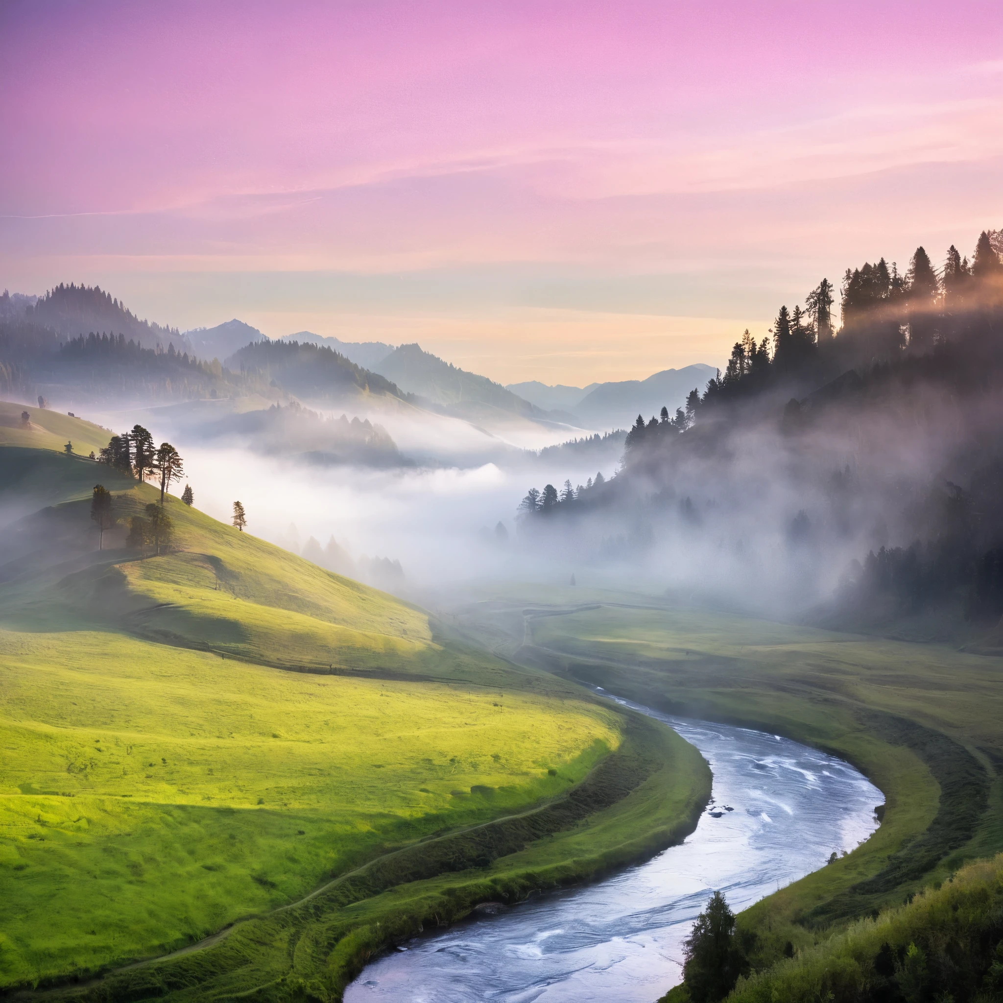 A serene valley with rolling hills blanketed in morning mist. A crystal-clear river winds through the landscape, reflecting the pale pink and golden hues of the rising sun. Towering, ancient trees with silver bark line the riverbanks, and distant mountain peaks shimmer with a faint magical glowLlll