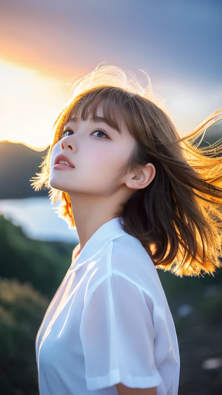 ((Hair blowing in the wind、No makeup:1.2))、(Realistic、Photorealistic、Super detailed、Best detailed skins、Best Quality、masterpiece、Super A high resolution)、Cute Russian Women、14 years、High school girl、Young girl、1 girl、Has bangs、Ash Blonde:1.7、double eyelid、Drooling eyes、Japanese style face、purity、Realistic肌タイプ、Fluffy thick fur 、Red cheeks、The wind is blowing、Lighting from behind、Hair blowing in the windがステキ、(( cute white shirt 、short hair、Night Port、 illuminated by the moonlight ))