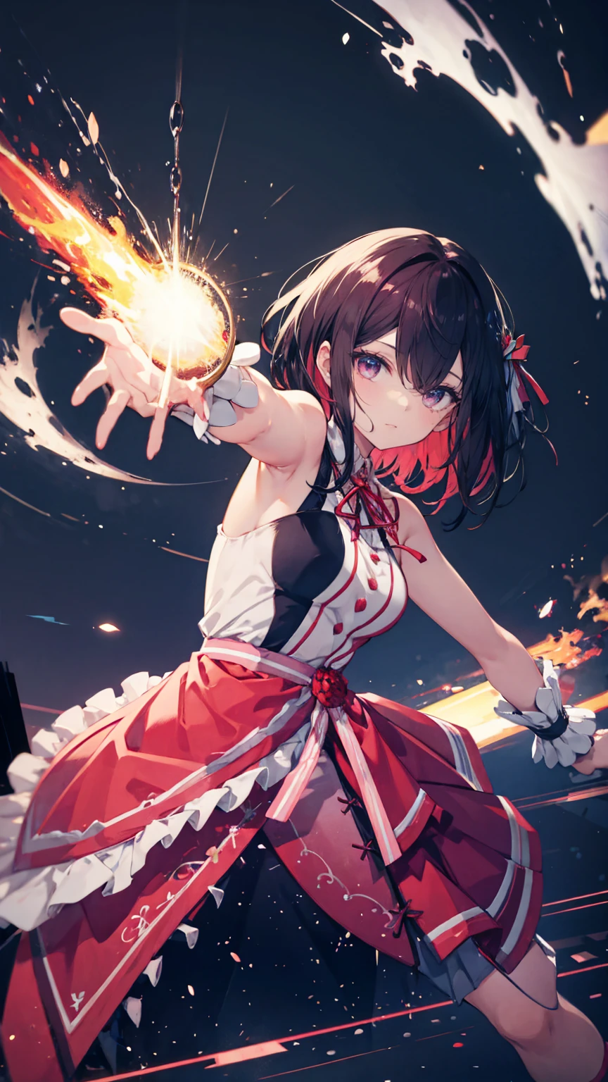 nekomusume,1girl, purple hair, yellow eyes, solo, red dress, red choker, hair bow, pointy ears, short hair, white shirt, long sleeves, red bow, bangs, collarbone, brooch, jewelry,smile,white panty,panty shot,masterpiece,Noise Reduction,perfect anatomy,high resolution, ultra-detailed, ultra-detailed face,game cg,dutch angle ,beautiful detailed eyes,visualart,five fingers, perfect hands, perfect lighting,