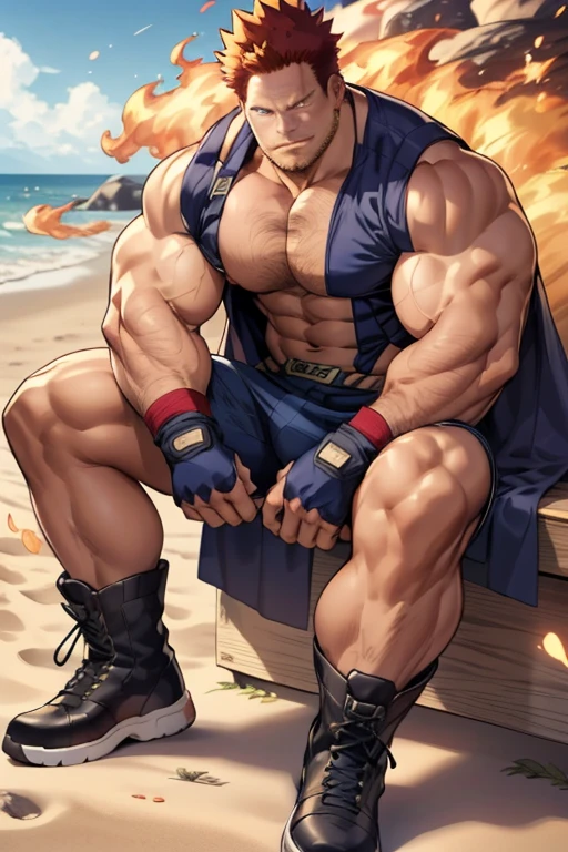 Endeavor from My Hero Academia, covered in flames, full body,  ripped and torn costume, muscular, thick, thick, Huge bulge, 45 yaers old, Endeavor from My Hero Academia, boots, realistic eyes, blue sky, large pectorals, superhero, blue bodysuiit, fingerless gloves, on the beach, body engulfed in flames