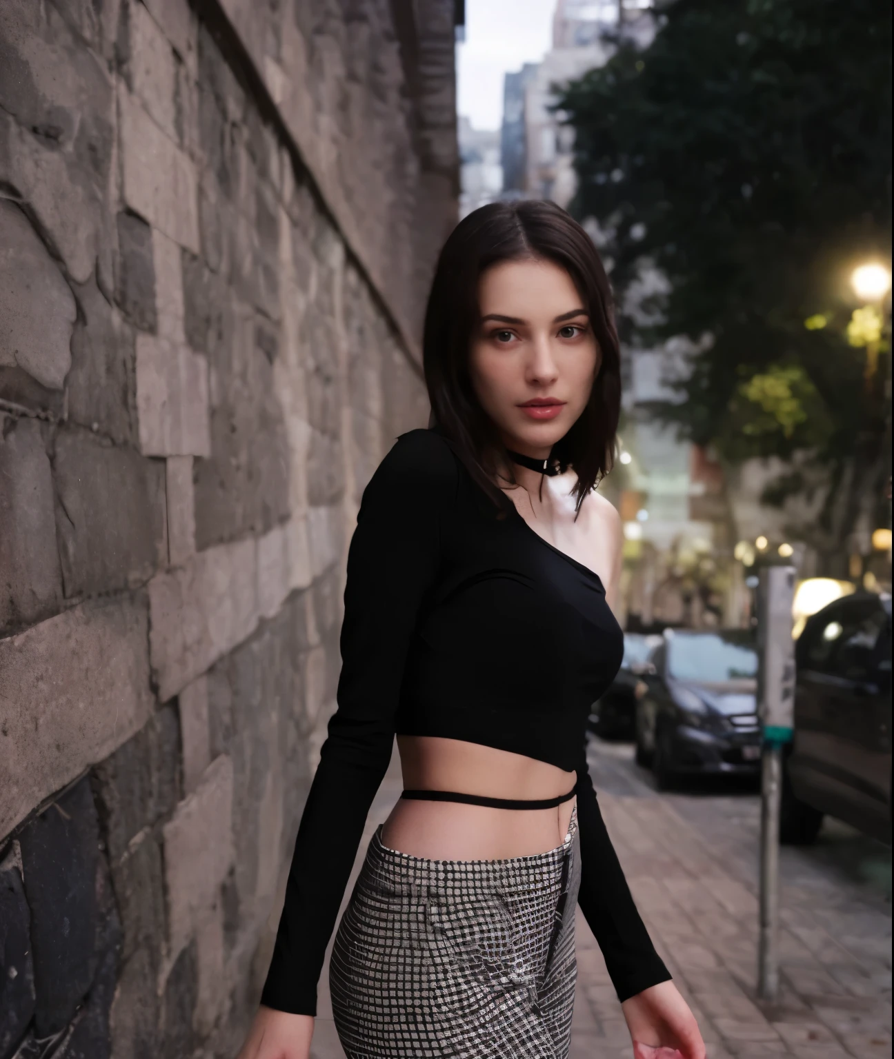 Albanian, girl, brown hair, blue eyes, short black top, Albania, sun gazing, modern apparel, glowing eyes, beautiful skyline, beautiful legs, sexy choker 