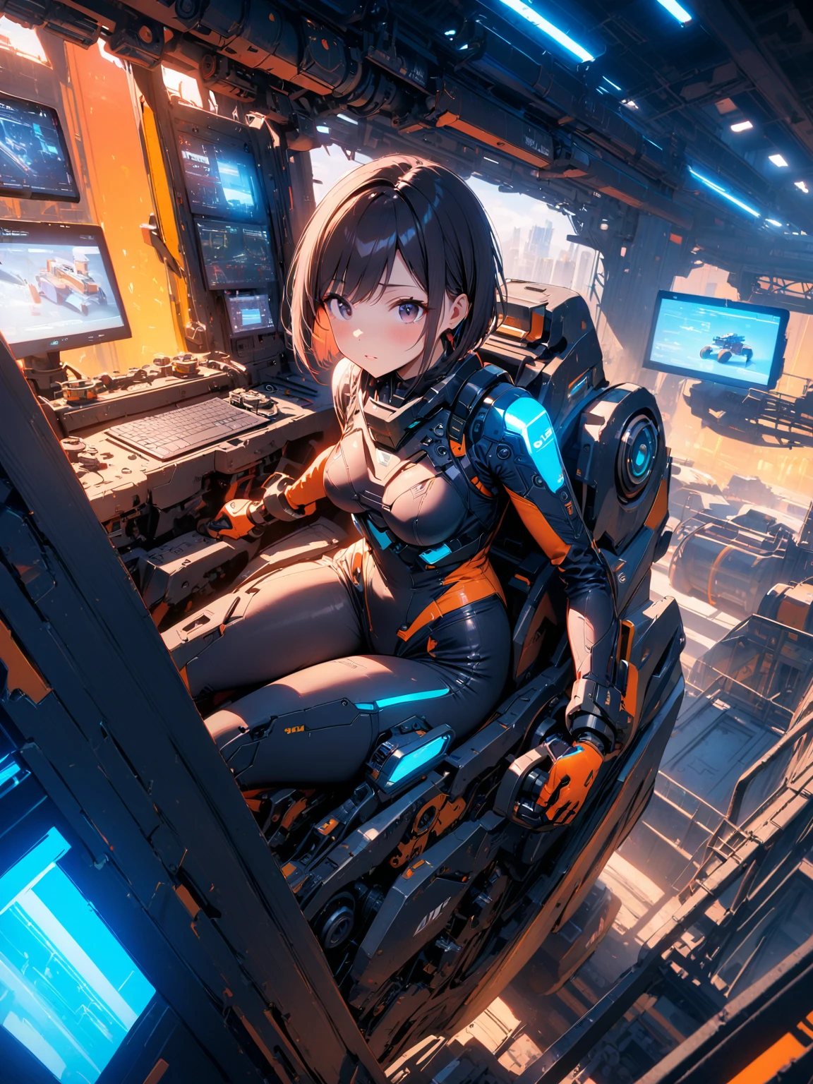 (masterpiece, best quality, very aesthetic, absurdres), 1girl, solo, perfect body, anatomically correct, 

20 years old, standard height, black hair, bob cut, swept bangs, black eyes, droopy eyes, medium breasts, 

Looking at the cockpit from above through the canopy from outside the heavy equipment, A girl sits in the cockpit of an advanced heavy machinery, futuristic mechanic suit, (piloting heavy machinery:1.3), a calm look, focused gaze, 

advanced heavy machinery, construction site, giant robotic excavator, autonomous crane, energy core, laser cutting tools, hydraulic arms, gears and pistons, holographic displays, neon lights, industrial sci-fi background, vibrant colors, detailed machinery parts, dynamic angles, wide shot, 

 (8k, RAW photo), (extremely detailed wallpaper),