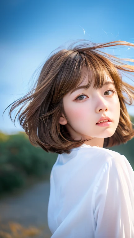 ((hair blowing in the wind、No makeup:1.2))、(realistic、Photoreal、super detailed、best detailed skins、highest quality、masterpiece、超A high resolution)、cute russian woman、14 years、high school girl、young girl、1 girl、have bangs、ash blonde:1.7、double eyelid、drooling eyes、Japanese style face、purity、realistic skin type、Thick fluffy hair、red cheeks、The wind is blowing、lighting from behind、hair blowing in the windがステキ、((short hair、port at night、illuminated by moonlight))