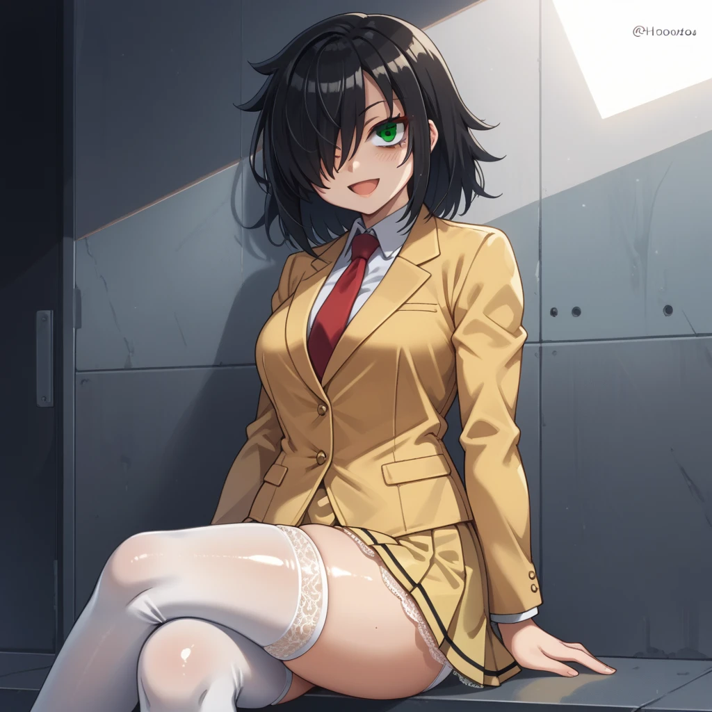 score_9, score_8_up, score_7_up,, solo, source_anime, tomokoxl, bags under eyes, hair over one eye black hair, medium hair, school uniform, red necktie, yellow skirt, short skirt, pleated skirt, yellow jacket, standing, cowboy shot, sitting, crossed legs, thick thighs, shiny skin, focus in crossed legs, underwear, white underwear, shiny underwear, lace underwear, white lace underwear, shiny lace underwear, panties, white panties, shiny panties, only crossed legs pose, sexy crossed legs, perfect crossed legs, sexy legs, big thighs, oiled thighs, oiled legs, smile, open mouth, glowing green eyes, evening time, dark room, breast, big breast, knee highs, sheer knee highs, white sheer knee highs, high heels, black high heels,