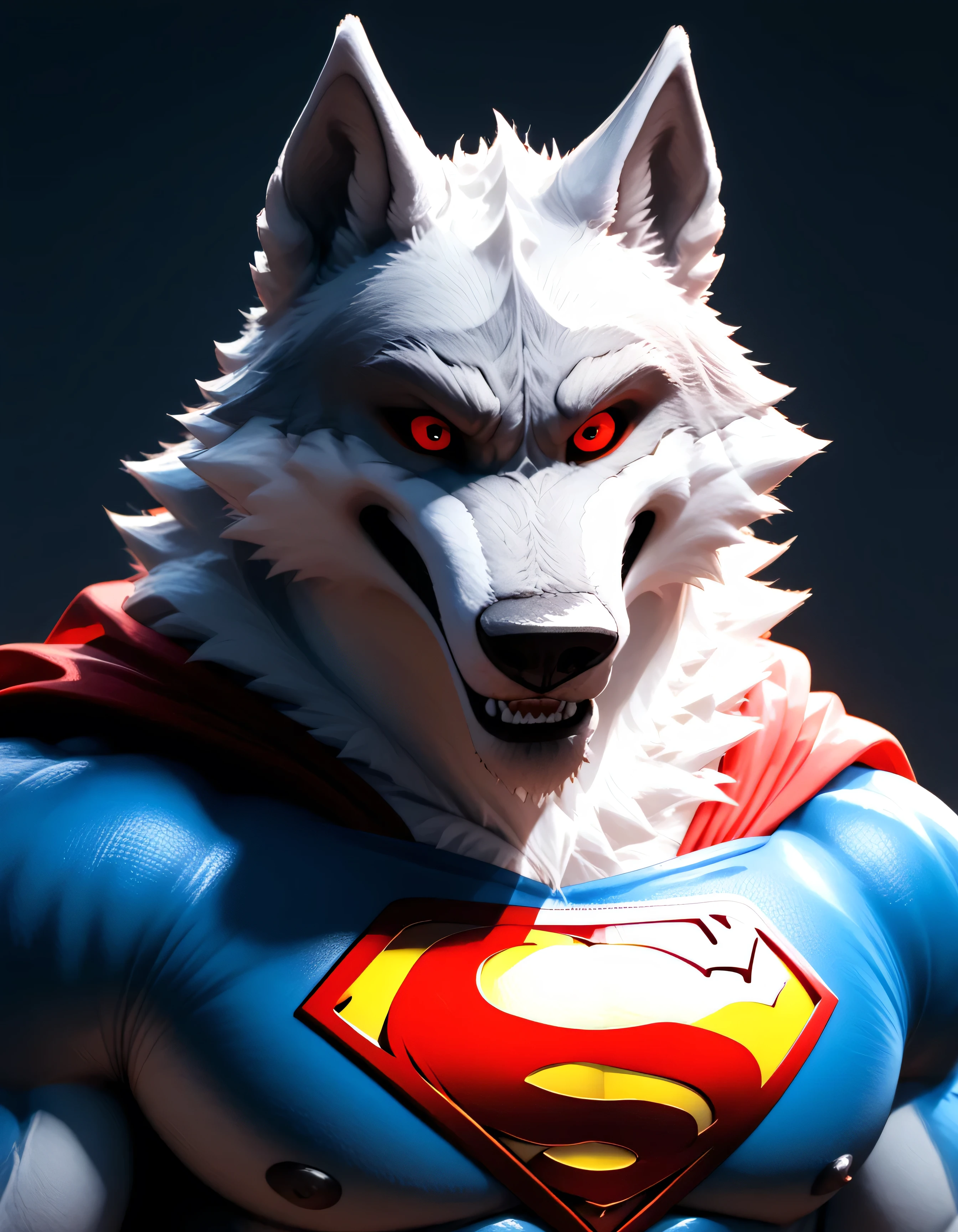 d3ath, wolf , anthro, male, as Superman, and red eyes 3D