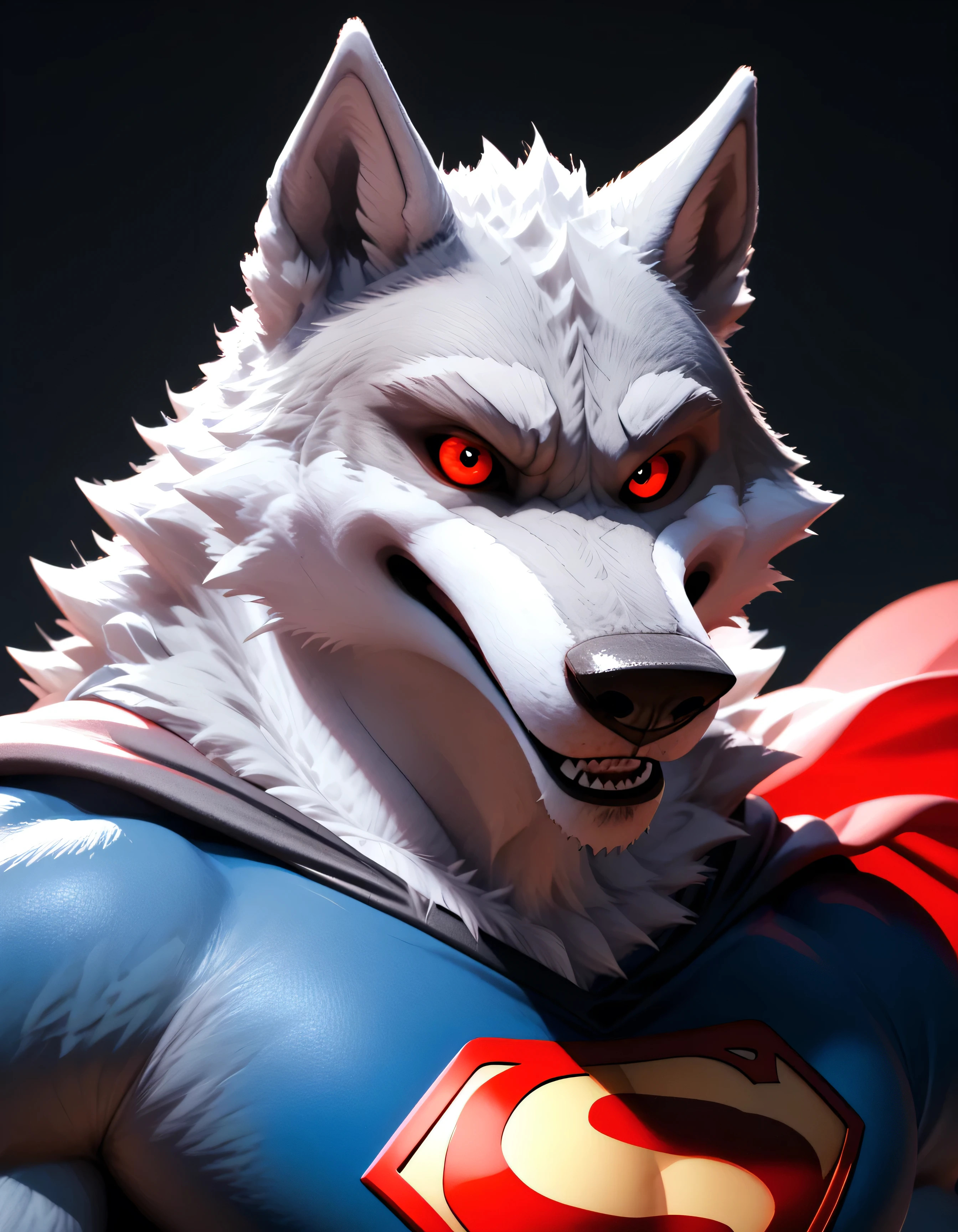 d3ath, wolf , anthro, male, as Superman, and red eyes 3D