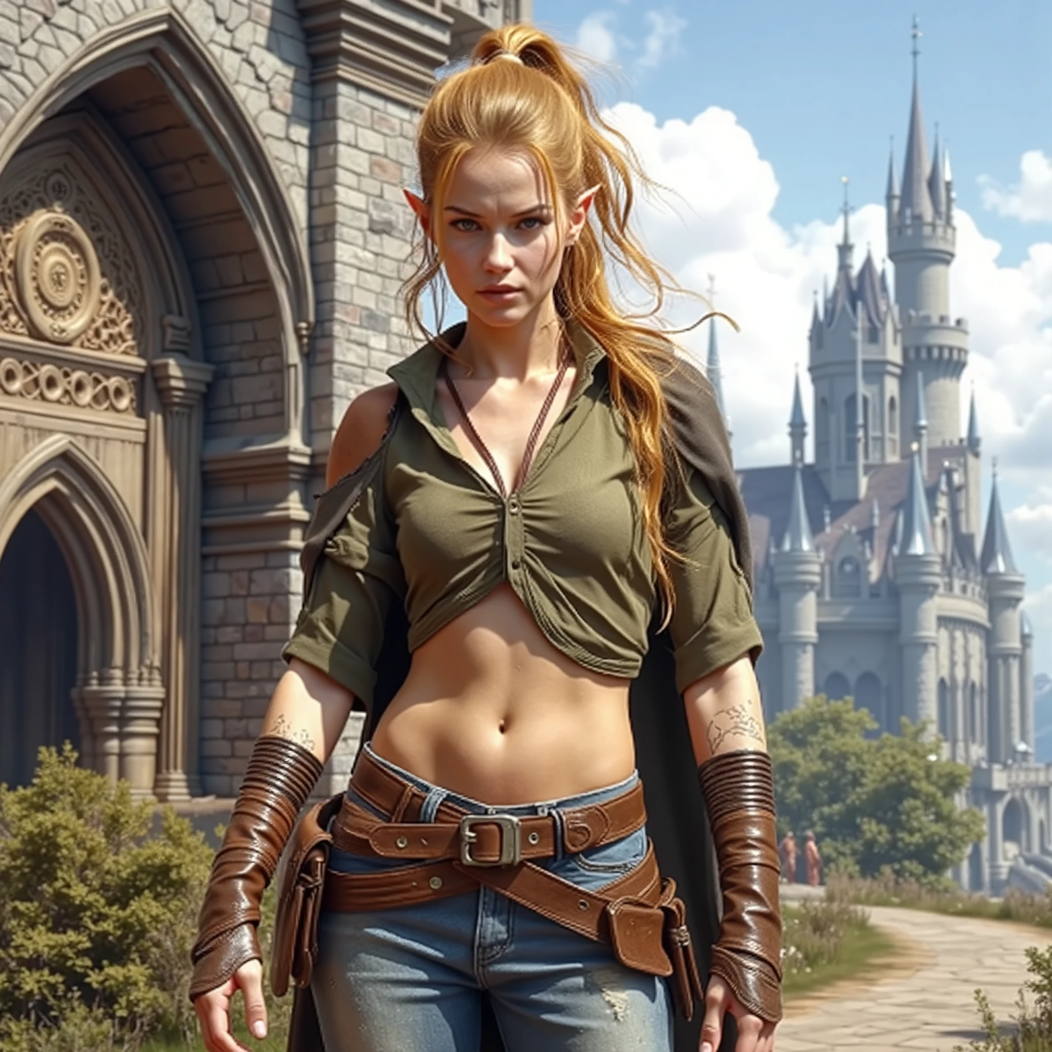 There is a woman with brown hair and a leather suit standing on a roof, triss marigold, triss marigold cosplay, the Sorcerer 3, Sorcerer 3, Sorcerer, mother of Sorcerers, Sorcerer)), the Sorcerer, from Sorcerer (2021), Gwent, female character, feature from the Sorcerer, feature, face young woman brown hair, big breasts, blue eyes.