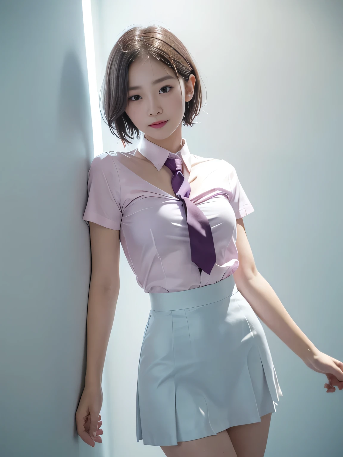 A Japanese girl, with an innocent and sweet face, is thin, with little chest and butt, wearing a blue school skirt, and has short pink hairHe also has a formal white shirt and a black polo shirt that is too big for him, he has a very innocent face, she doesn't wear a bra so her breasts are visible through her shirt
