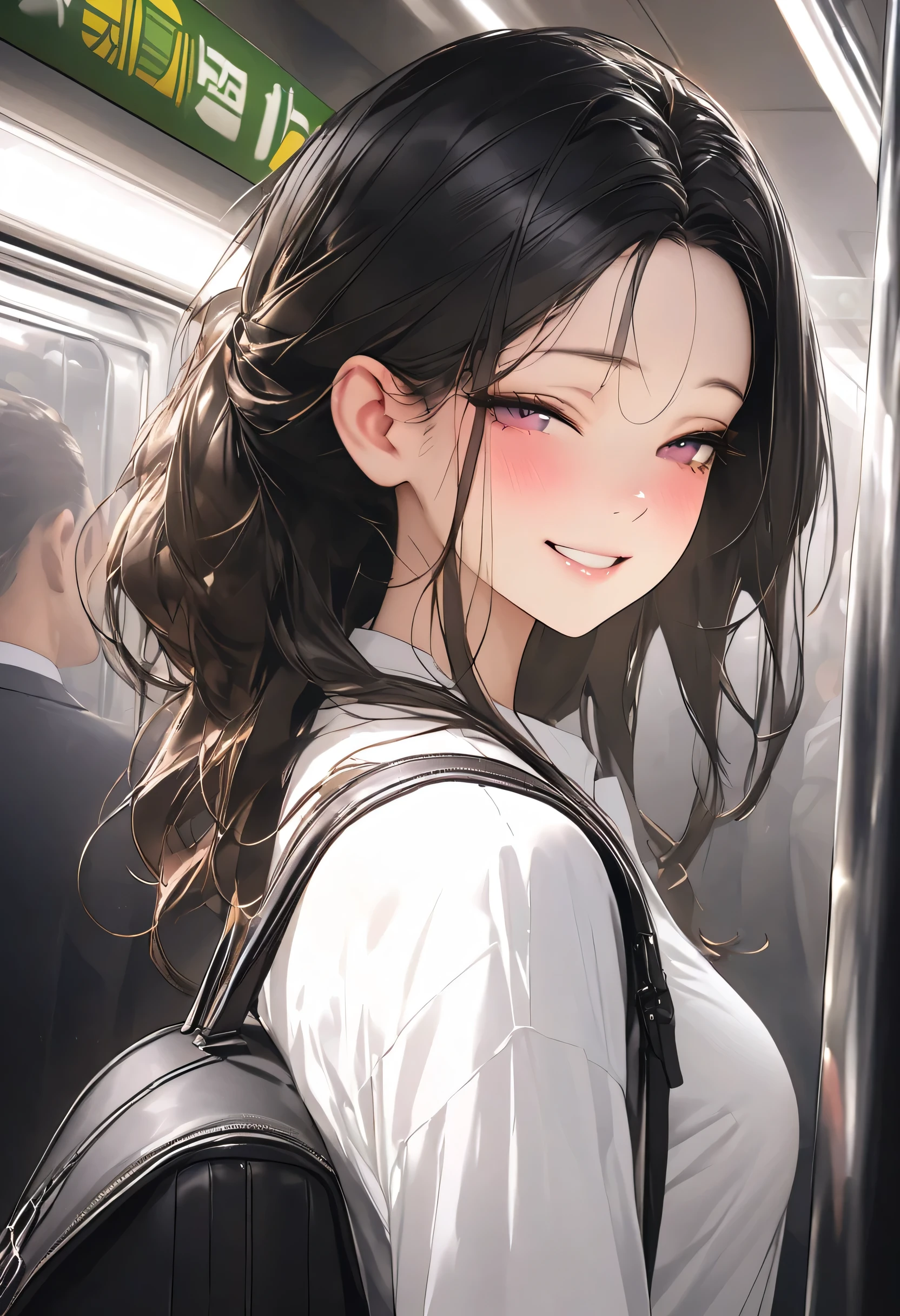  detailed people, high resolution, extreme detail, 1 female, HD, 32K, photorealistic, masterpiece, Score_9,Score_8_up,Score_7_up,highest quality,best quality,subway,half closed eyes,smile,little blushed face,looking_at_viewer,from side,((white shirt)), grey tight line miniskirt, black stockings, pantyhose,black backpack,standing,close up,crowded subway,she is holding subway bar,