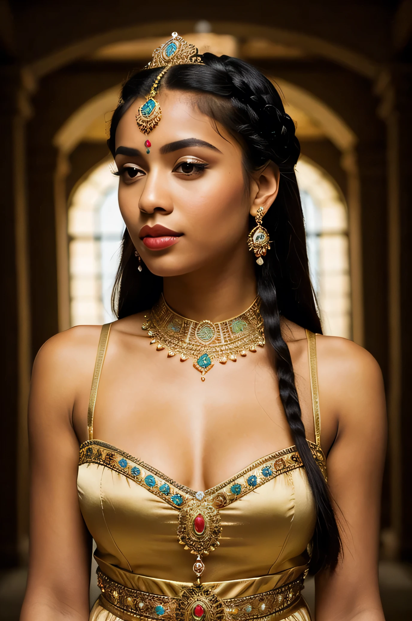 close-up RAW Portrait shot, photograph, androgynous human, oval jaw, delicate features, beautiful face, dark hair, (big bun:0.7), long bangs, hairband, long ponytail, bright blue-green eyes, (royal blue silk sari:1.yo stunning beautiful woman, (golden luxurious diadem with intricate details, gem:1.3), intricate details, skin texture, natural skin pores, dark dramatic studio lighting, cinematic shot,tan, dark olive skin, symetrical face, lascivious looking at viewer, parted lips, full lips, smokey eyes, bun pillow, elaborate hairstyle, dark lips, standing inside a hindu temple mith intricate ornament Big boob busty ,tit ,no bra,without cloths
