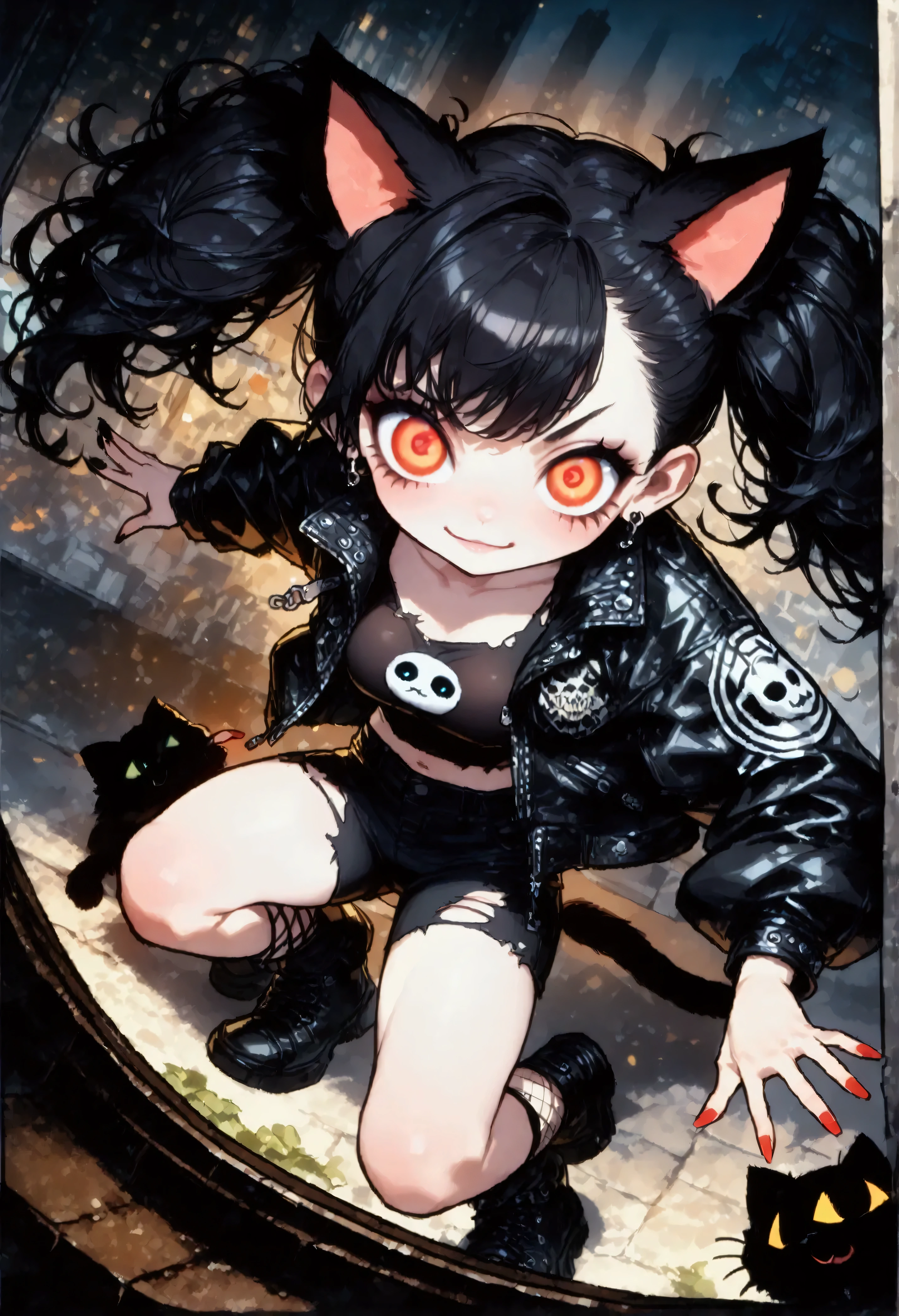 solo,1girl\(cute, kawaii, ,(evil smile:1.2),(black hair:1),(long hair),(twin tails hair),pale skin, skin color blue, red eyes, eyes shining, (big eyes),(breast:1.4),(punk fashion:1.6),(ripped clothes:1.5),(tight tube top),(tight hot pants),(stomach shown:0.8),(abs:0.8),(ripped black short jacket:1.4),(fluffy black cat-ear:1.4),(dynamic pose:1.4), (spiral eye:1.4)\)),(bang:1.2)\), BREAK ,background\(outside, noisy city, backstreet, narrow street, neon lights, at night\), BREAK ,quality\(8k,wallpaper of extremely detailed CG unit, high resolution, top-quality, top-quality real texture skin, hyper realistic, increase the resolution, RAW photos, best quality, highly detailed, the wallpaper,golden ratio,high saturation realism, vibrant colors, dramatic lighting, persuasive storytelling, atmospheric scenery, captivating visuals, intricate details, strong emotions,dreamlike world\),(close up:1.0),(dynamic angle:1.2)