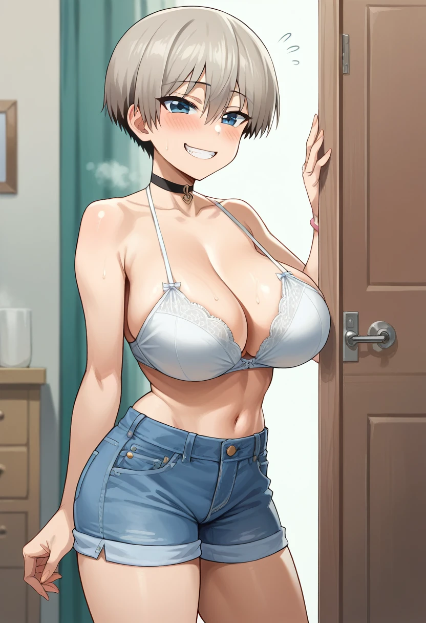 Uzaki Hana，Perfect body,In heat、nausea，Denim shorts，String Bra，Big Breasts，超Big Breasts，Seduction at the Door，Apartment，Choker on neck，Grinning，Blushing with excitement，Vulgar smile，Having sex