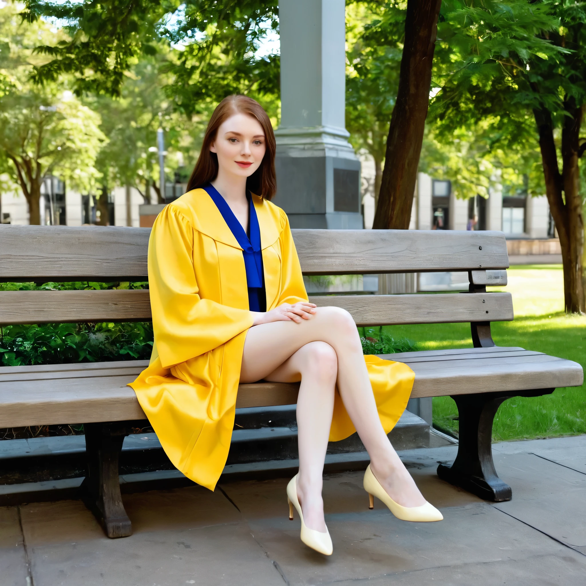 pale skin Woman in long yellow graduation gown, sitting on bench, crossing legs, gown slipped, long legs.