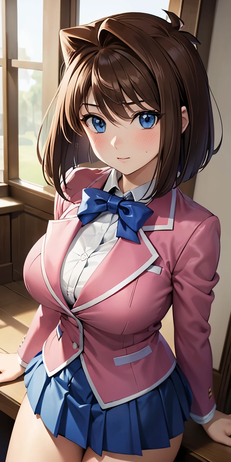 1 Female,High definition,high resolution,Ultra-realistic,8K, aamazaki, (antenna hair:1.2), blue eyes,blue bowtie, pink jacket, blazer, long sleeves, blue skirt, tight skirt, miniskirt,pleated skirt, large breasts,European,sexy,Upper body close-up,Photographed from the front,Dynamic Angles,(blush), (medium tits) ,wide thighs 