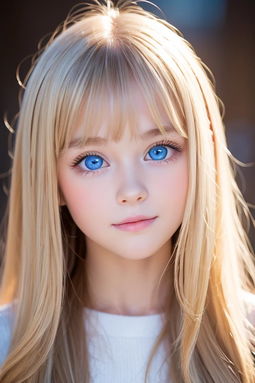 1 -facel, very super long hair , High resolution,  ridiculously bright blue eyes, Very big eyes、Blonde, bangs, 目の間のbangs, Very long hair, A beautiful girl、Hair in the eyes, round face、Small Face Beauty、