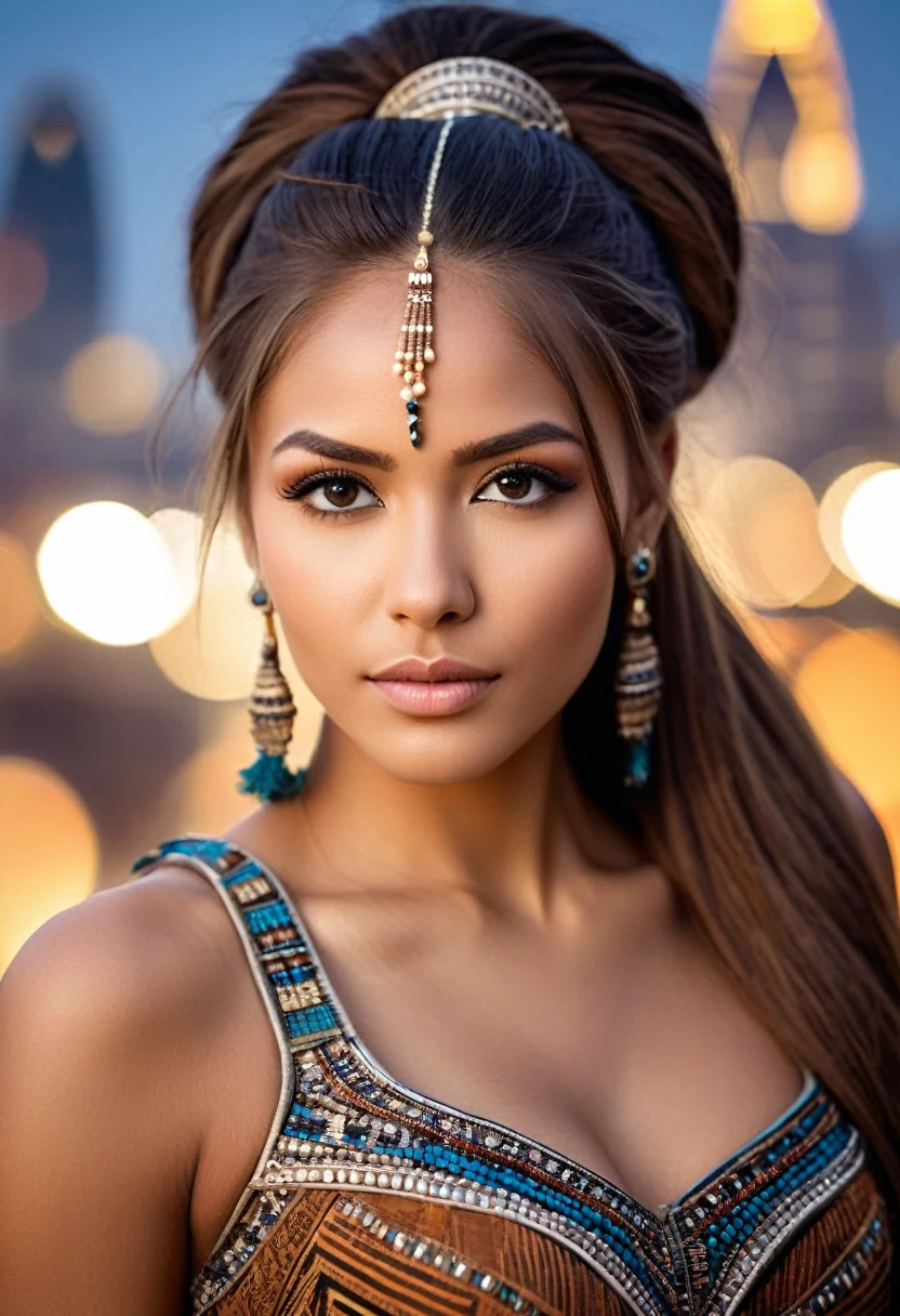 (Photo of a beautiful woman), hourglass figure, (Professional Photography), (beautiful hair), (tribal cityscape in the background ), (as a tribal princess), detailed face, detailed eyes, (portrait), masterpiece, best quality, (Eye contact), (view of the viewer), centered, (Shot from the front),  ((soft, smooth lighting)), Well lit, blurred background, proportional