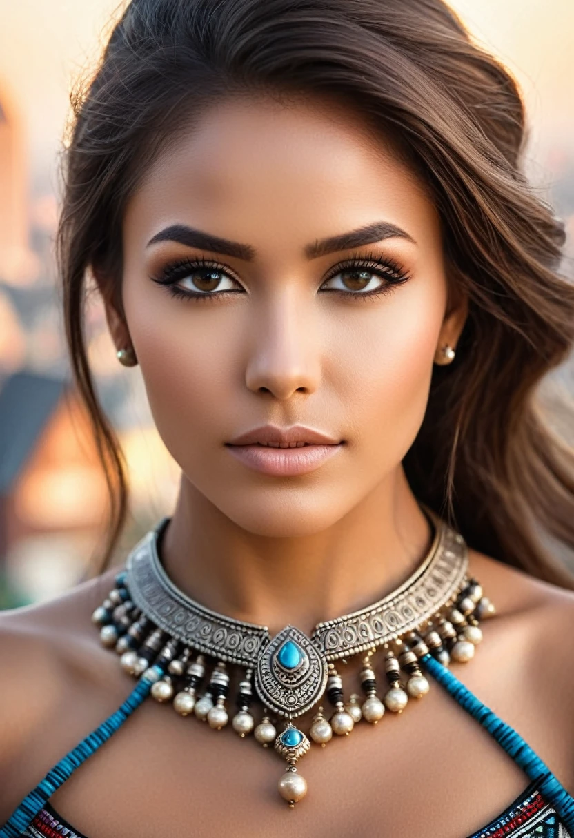 (Photo of a beautiful woman), hourglass figure, (Professional Photography), (beautiful hair), (tribal cityscape in the background ), (as a tribal princess), detailed face, detailed eyes, (portrait), masterpiece, best quality, (Eye contact), (view of the viewer), centered, (Shot from the front),  ((soft, smooth lighting)), Well lit, blurred background, proportional