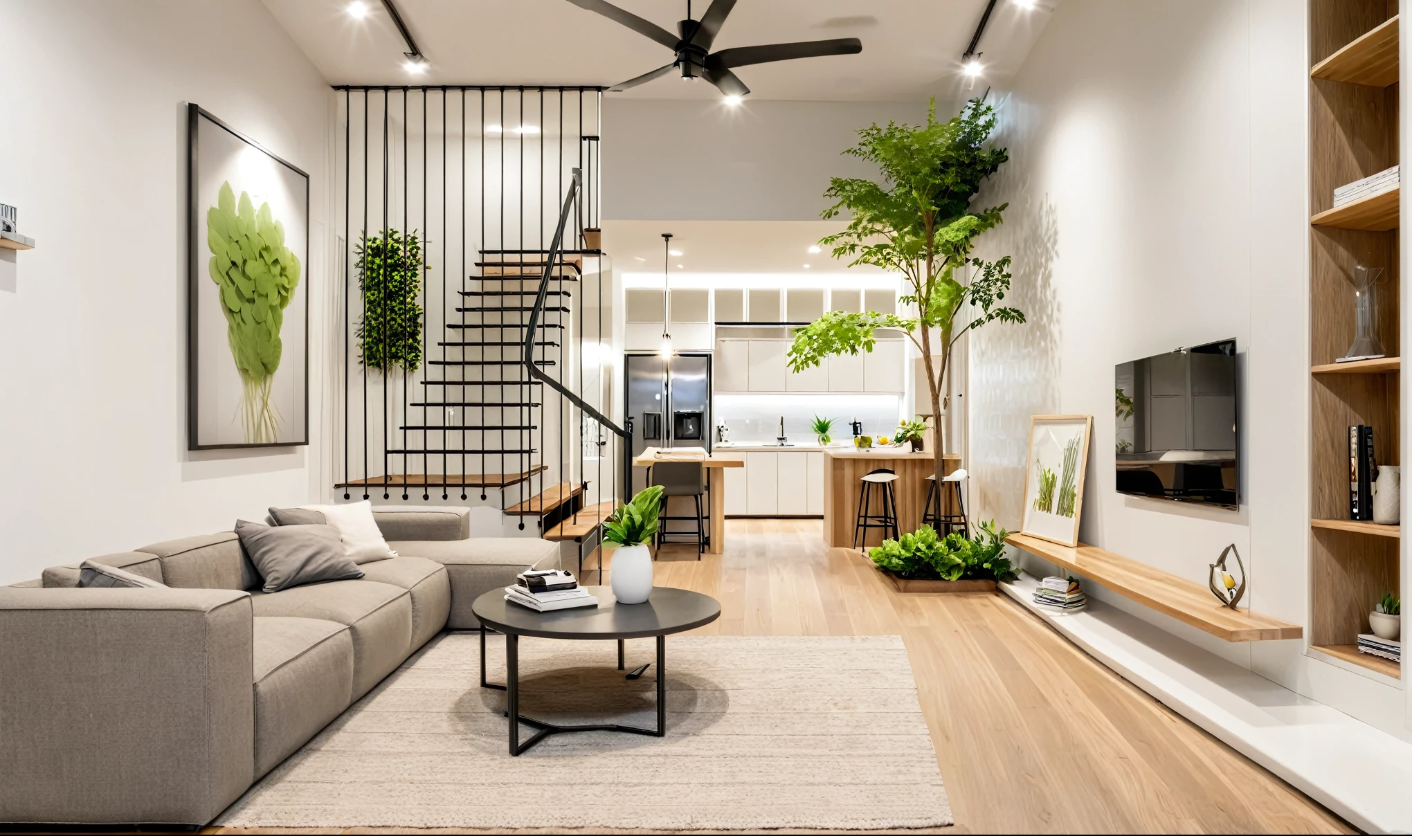  This living room has a modern design ,  minimalist in white and gray tones .  Spacious sofa table in light brown ,  layout facing the TV wall .  Green plants placed indoors create natural accents,  along with a metal staircase with a slim design , open to the rear kitchen space .