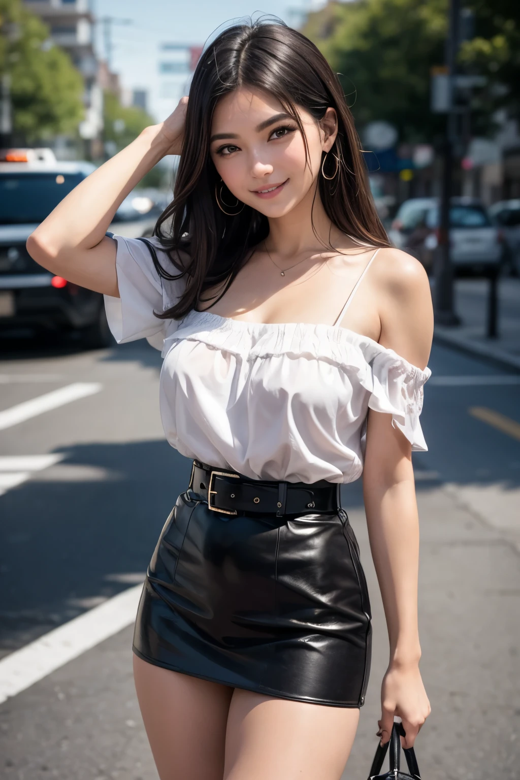 8k, masterpiece, raw photo, Best Quality, photorealistic, extremely detailed CG unity 8k wallpaper, depth of field, cinematic light, Lens flare, ray tracing, Complete plan,Low angle shot, kkw-ph1,the 1st beautiful realistic girl with short blonde hair,elegant, Digital paint, Conceptual art, sharp focus, illustration ,perfect body,very big breasts,very narrow waist,black leather miniskirt (large metal buckle belt) and with a large opening on one side showing the skin of the thigh,shows skin on waist,Off-the-shoulder white blouse with multicoloured lace, Various poses on a sidewalk waiting for a taxi,Street,el paisaje es una Street concurrida,big smile, smiles at the camera showing his white teeth,look at the camera,bag hanging from one arm,kkw-ph1, c4r1mj34,
