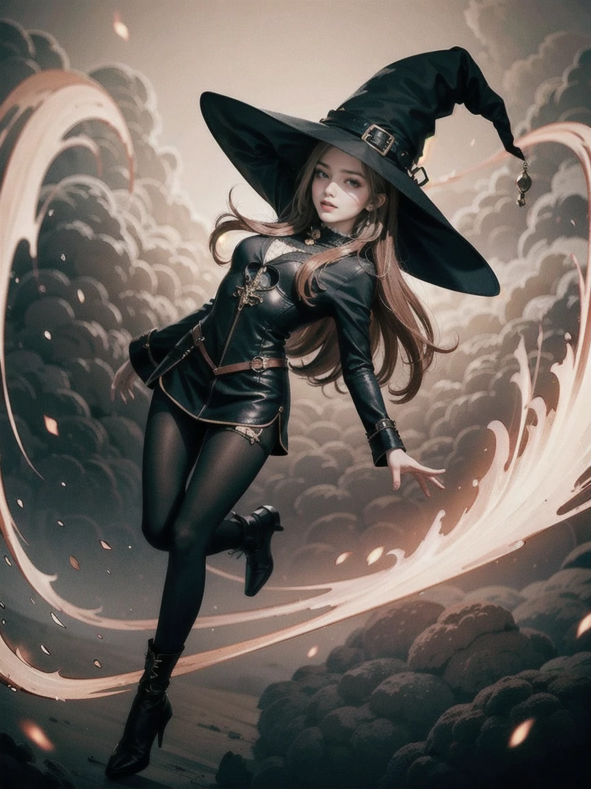 masterpiece,best quality, nsfw, (upskirt) portrait of a gorgeous teasing mature 30 yo female witch with red short curly hair (wearing a puffy black dress) with (no panties) and witch hat while holding a broom and looking down at viewer. The full moon and the night sky can be seen in the background, the witch's pussy is visible. Crotch shot, by CLAMP
