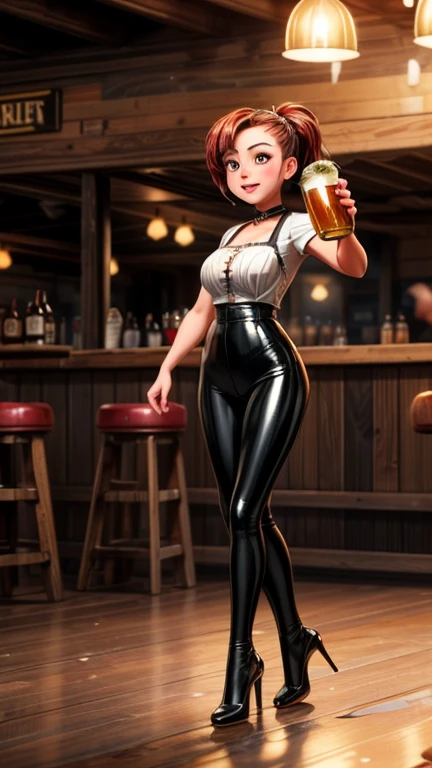 Image of a woman, high resolution, best quality, realistic painting, multi layer painting, dressed in yellow aldodão dress, CRUA pantyhose, long cotton fabric sock with yellow and black texture, Vargas style, with red hair, smile SHY, DETAILED EYES, BLUE EYES, wearing a yellow and black tiara, large breasts, dress with opening between the breasts,  holding two cold beer mugs, in an old open setting with low light, diffused light, 8K