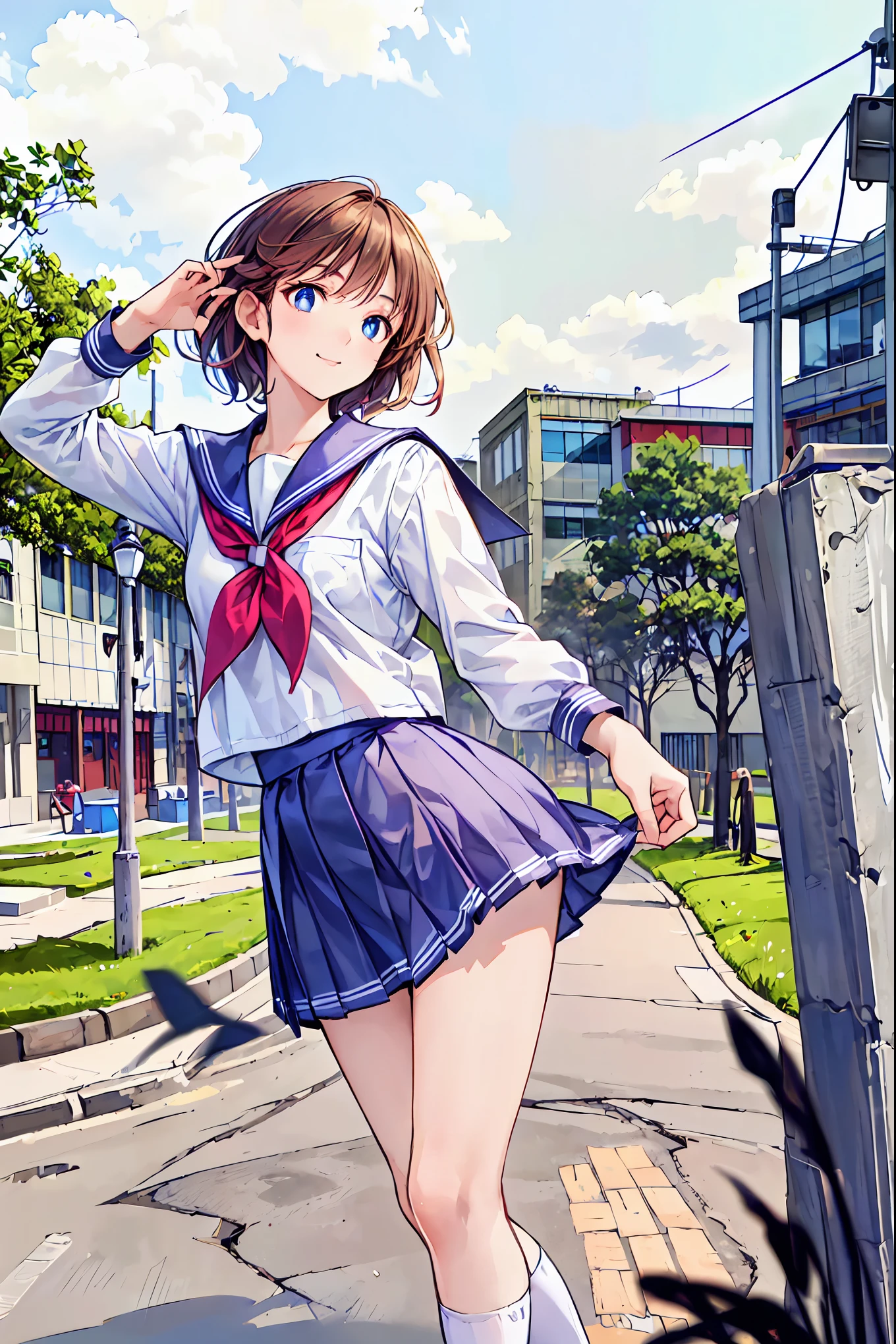 Brown Hair，Shortcuts，Messy Hair，Slender beauty，hole々Positive Attitude，Small box，Beautiful legs，Her enchanting grey-blue eyes shine like stars.，(masterpiece:2.0), (Best Quality:2.0), (Ultra Mini Skirt, Super short length, School Girl Uniform:1.5), (Side view:1.5), (Sexy pose:1.5), (Red face:1.3), (Realistic:1.5), 1 , Precision small handle, Embarrassed look, smile, Very nice girl, Innocent face, Young Face, Clear Eyes, Sparkling Eyes, Small box, Beautiful Skin, Super Resolution, Highest Resolution, Japanese high school students, Blazer Uniform，Brown Hair, In the park